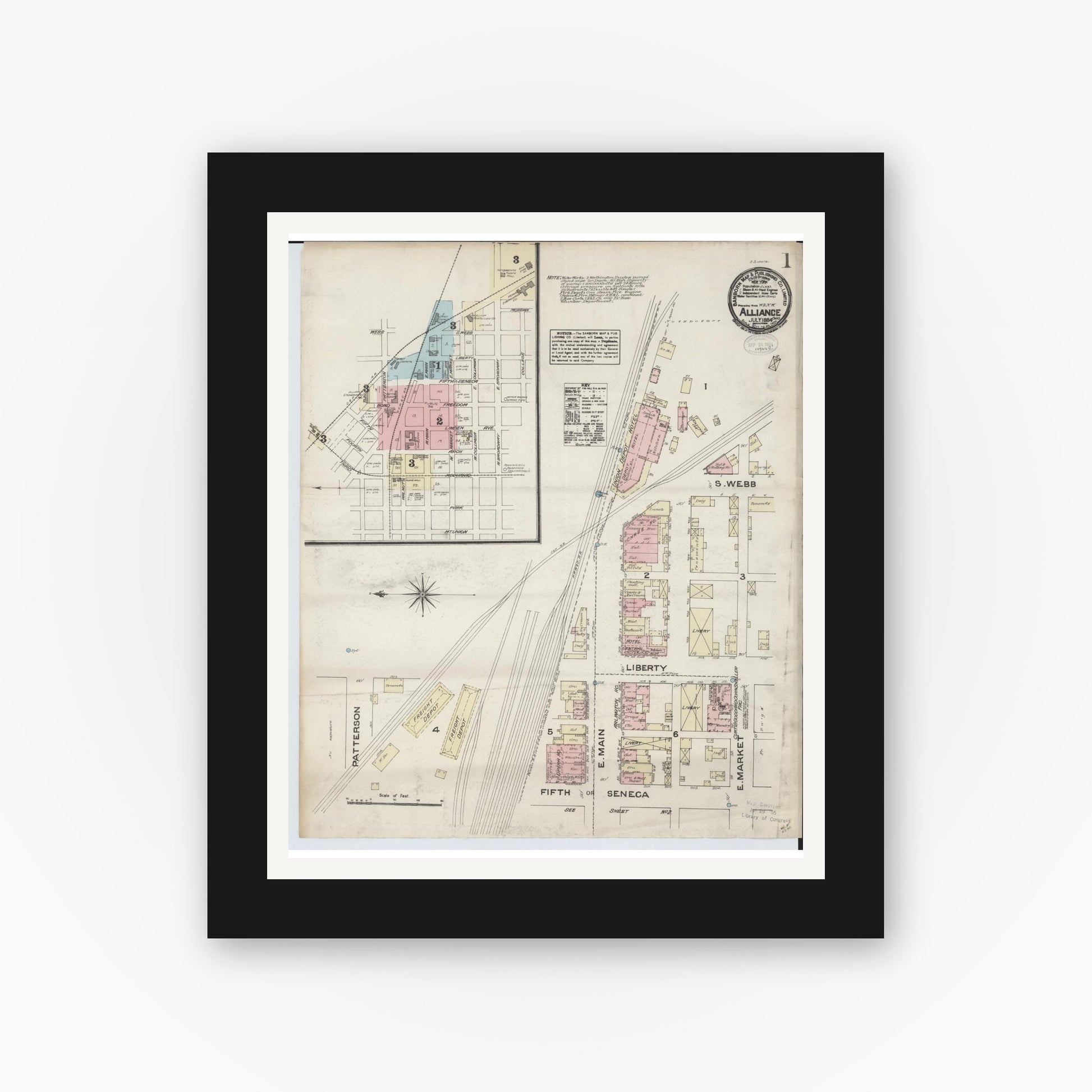 Old map wall art mockup — black gallery frame with white mat — Sanborn Fire Insurance Map from Alliance, Stark County, Ohio (1884) - Complete Map Set