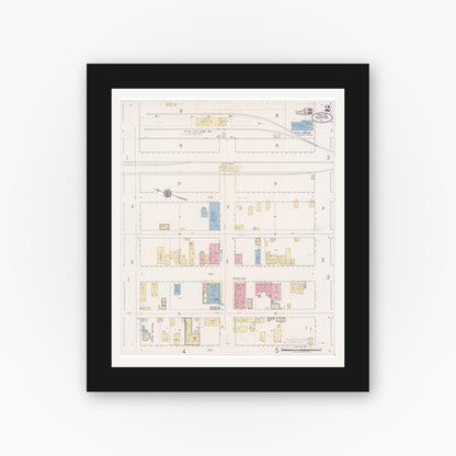 Old map wall art mockup — black gallery frame with white mat — Sanborn Fire Insurance Map from Gustine, Merced County, California (1920), Sheet #0002