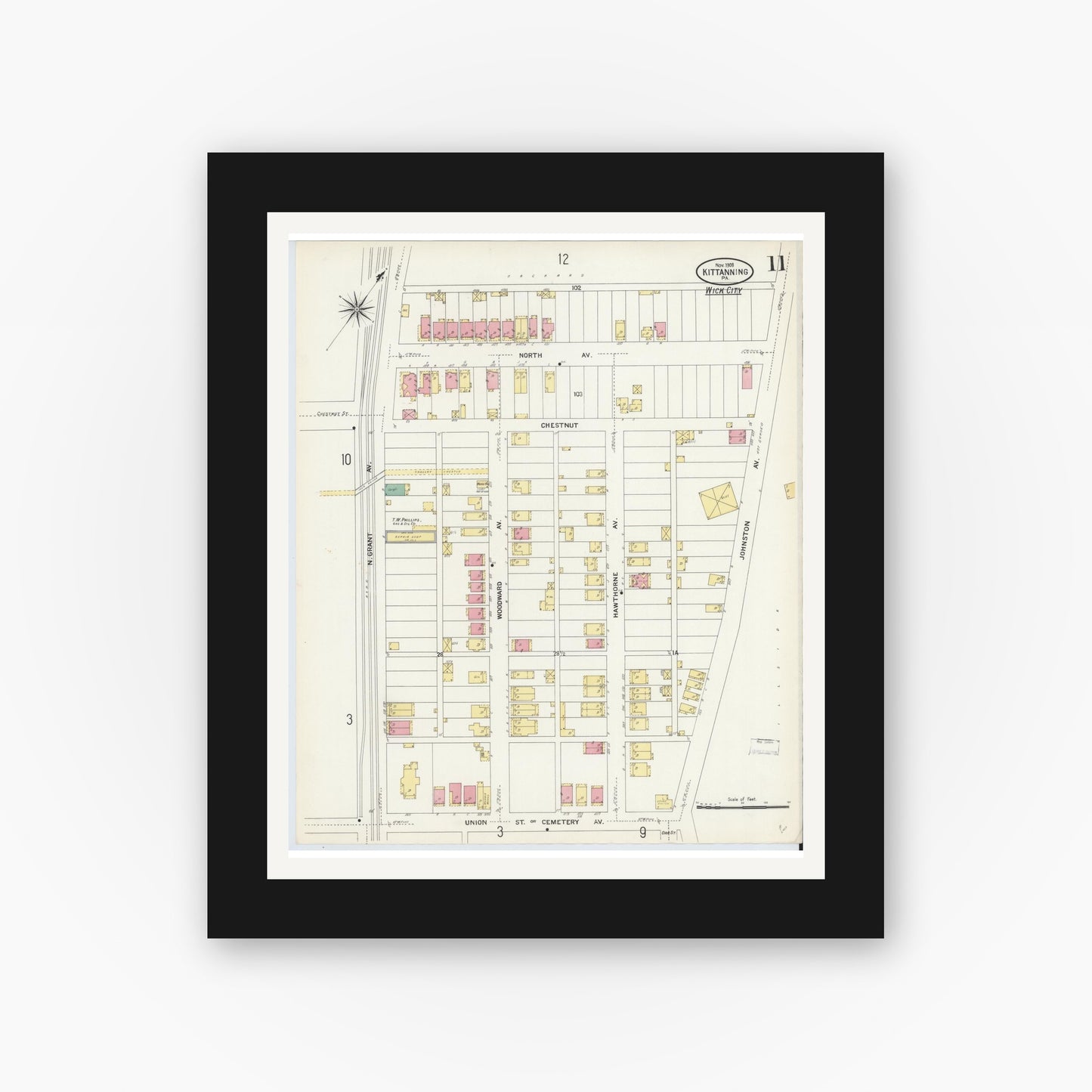 Old map wall art mockup — black gallery frame with white mat — Sanborn Fire Insurance Map from Kittanning, Armstrong County, Pennsylvania (1909), Sheet #0011