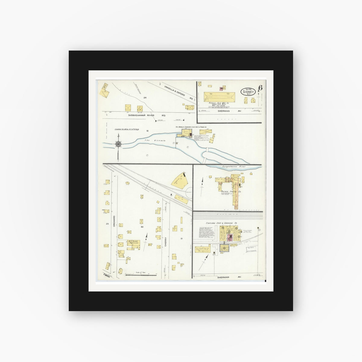 Old map wall art mockup — black gallery frame with white mat — Sanborn Fire Insurance Map from Sidney, Delaware County, New York (1910), Sheet #0006