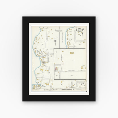 Old map wall art mockup — black gallery frame with white mat — Sanborn Fire Insurance Map from Shrewsbury, Worcester County, Massachusetts (1917), Sheet #0005