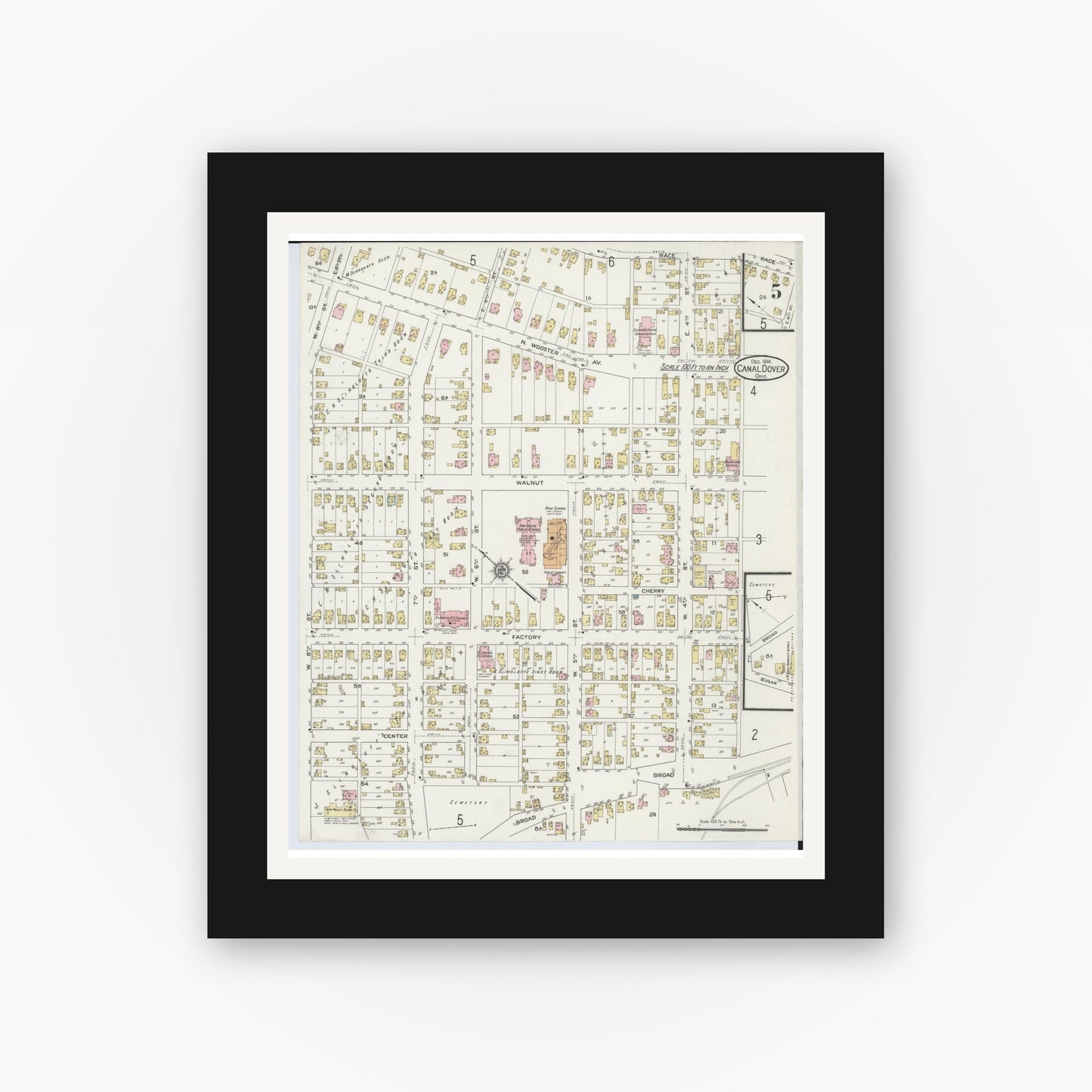 Old map wall art mockup — black gallery frame with white mat — Sanborn Fire Insurance Map from Canal Dover, Tuscarawas County, Ohio (1914), Sheet #0005