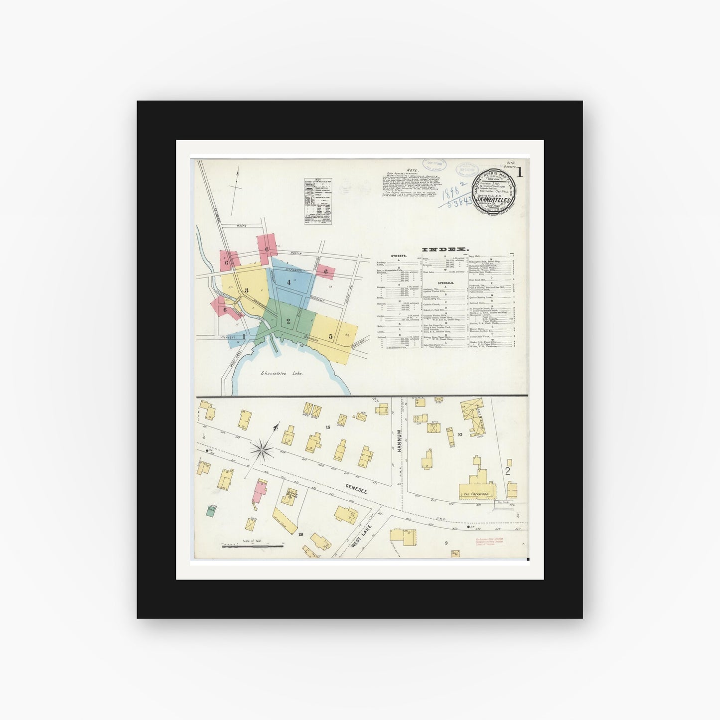 Old map wall art mockup — black gallery frame with white mat — Sanborn Fire Insurance Map from Skaneateles, Onondaga County, New York (1898), Sheet #0001