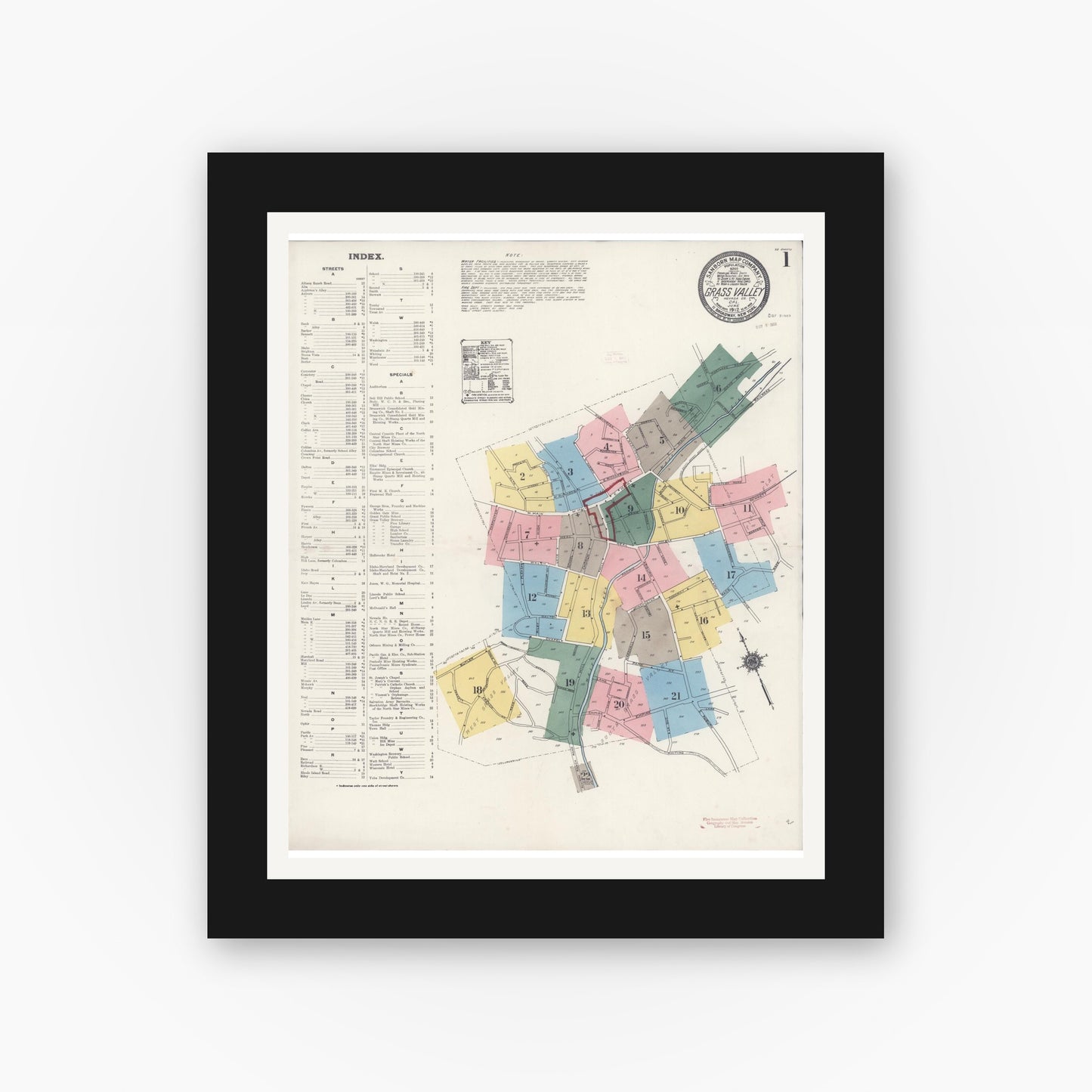 Old map wall art mockup — black gallery frame with white mat — Sanborn Fire Insurance Map from Grass Valley, Nevada County, California (1912) - Complete Map Set