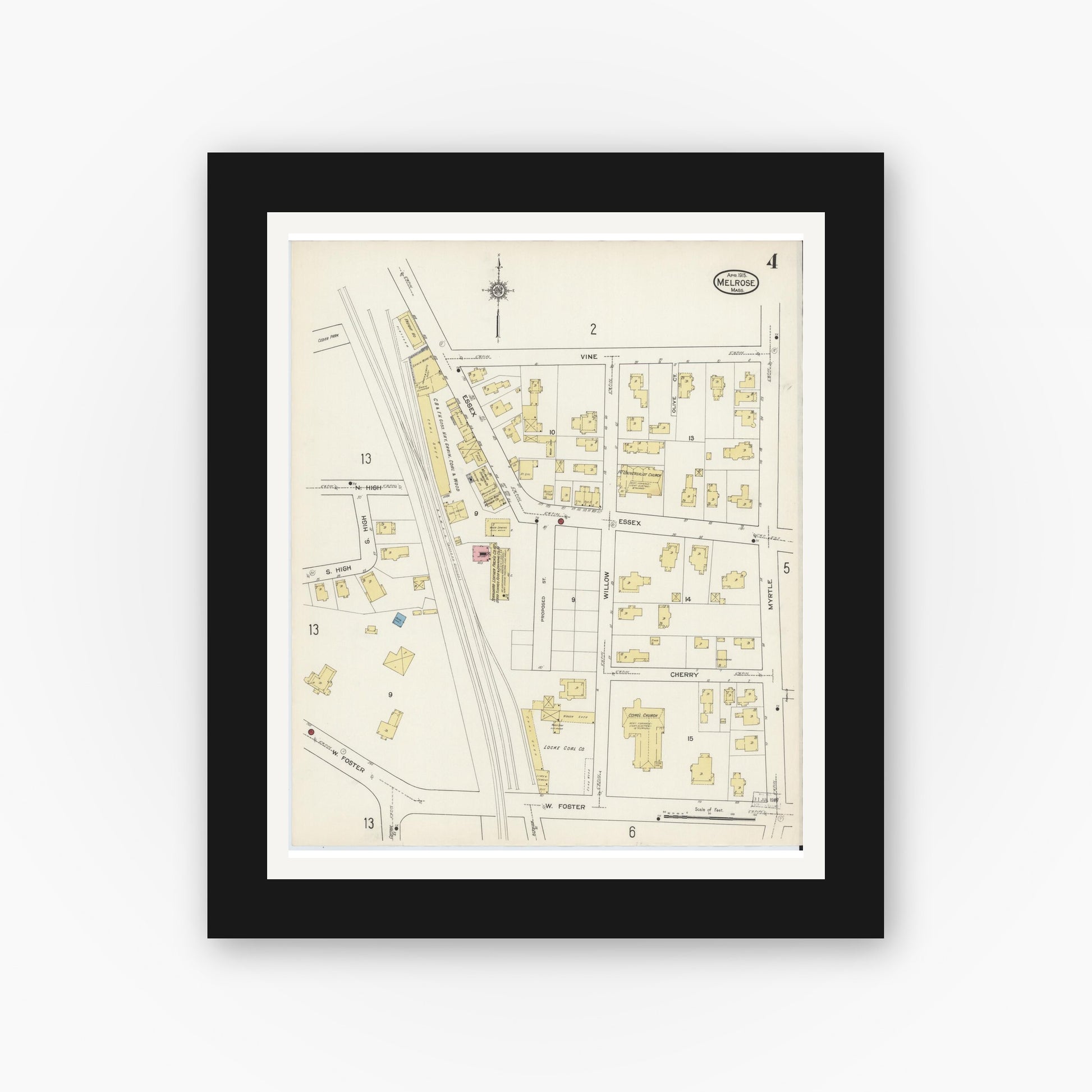 Old map wall art mockup — black gallery frame with white mat — Sanborn Fire Insurance Map from Melrose, Middlesex County, Massachusetts (1915), Sheet #0004