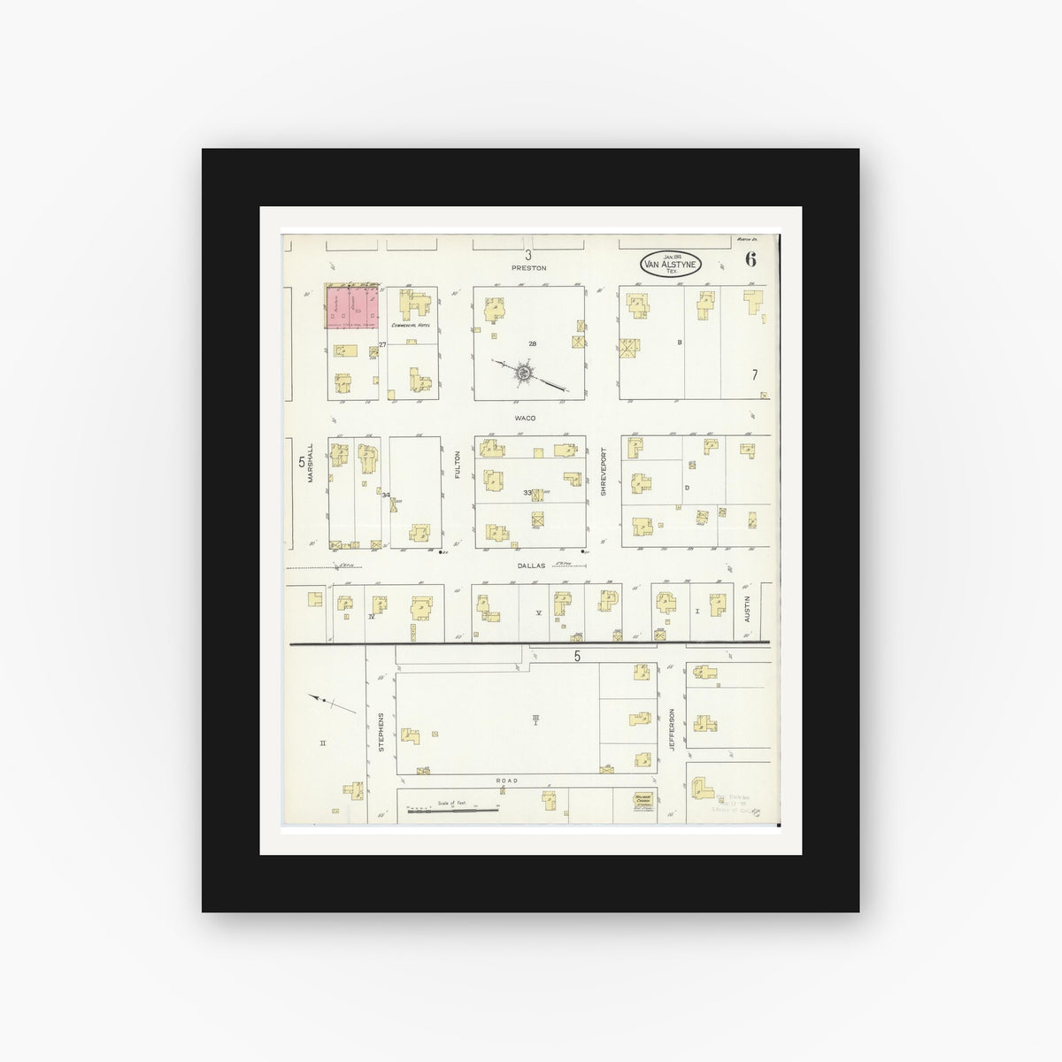 Old map wall art mockup — black gallery frame with white mat — Sanborn Fire Insurance Map from Van Alstyne, Grayson County, Texas (1914), Sheet #0006