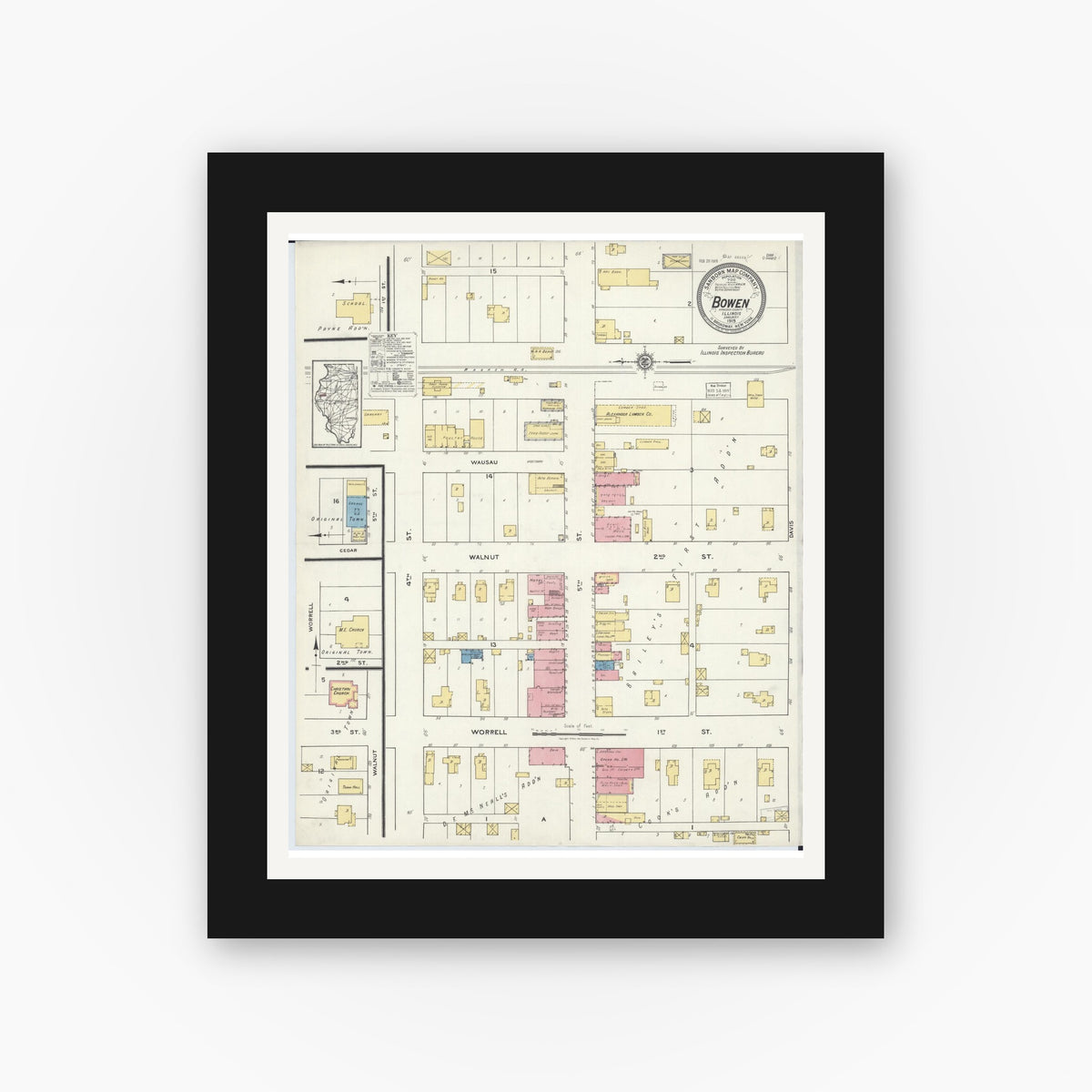 Old map wall art mockup — black gallery frame with white mat — Sanborn Fire Insurance Map from Bowen, Hancock County, Illinois (1919), Sheet #0001