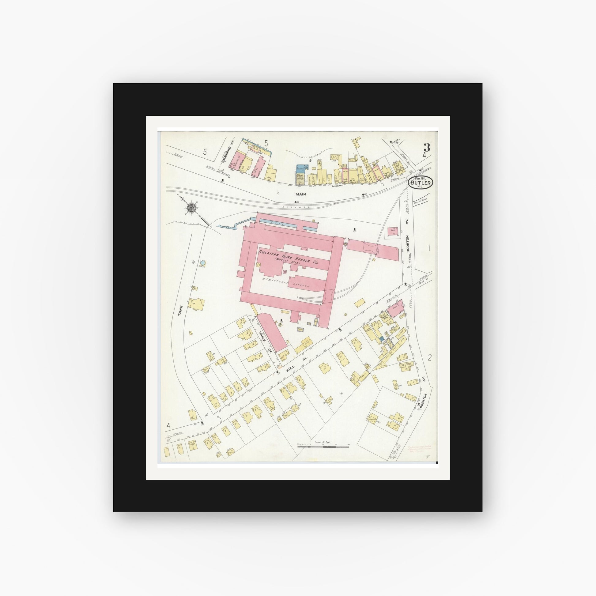 Old map wall art mockup — black gallery frame with white mat — Sanborn Fire Insurance Map from Butler, Morris County, New Jersey (1911), Sheet #0003