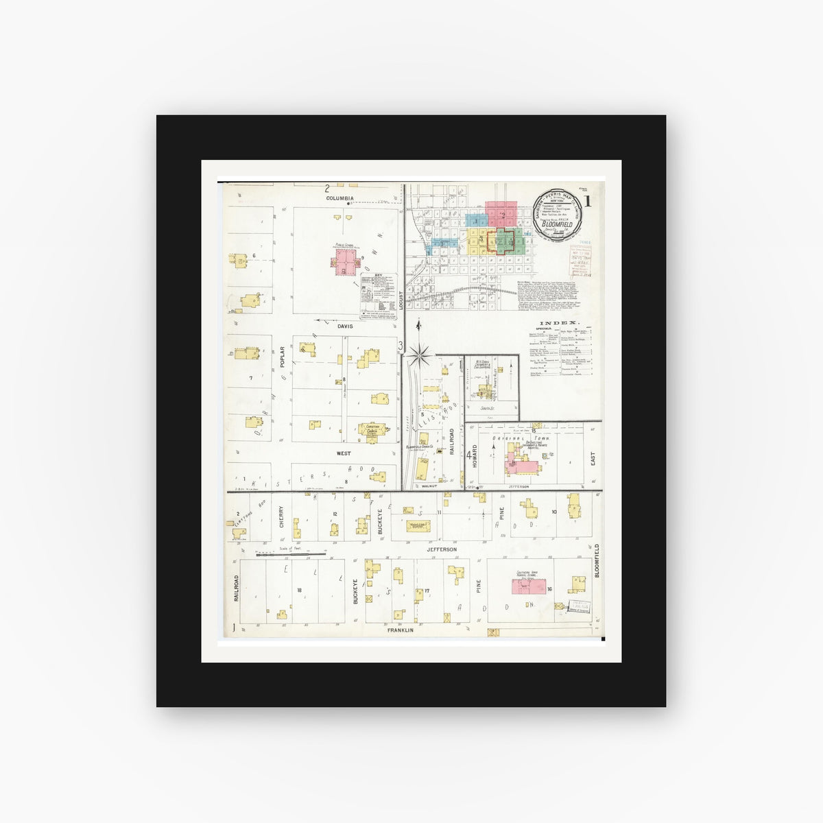 Old map wall art mockup — black gallery frame with white mat — Sanborn Fire Insurance Map from Bloomfield, Davis County, Iowa (1900) â€” Complete Set