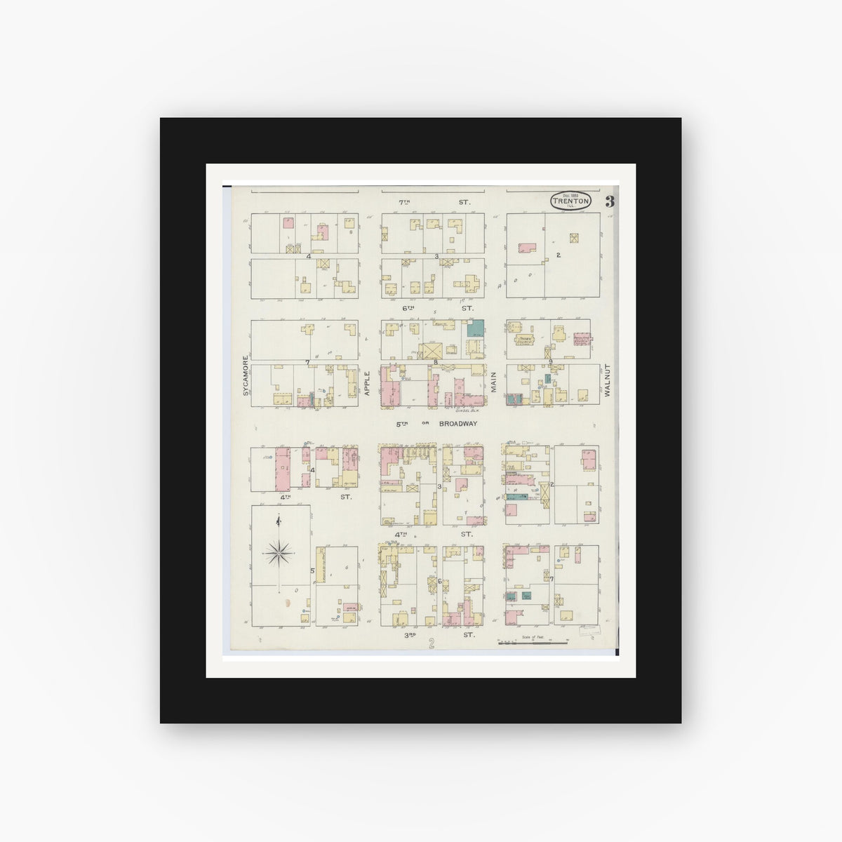 Old map wall art mockup — black gallery frame with white mat — Sanborn Fire Insurance Map from Trenton, Clinton County, Illinois (1893), Sheet #0003