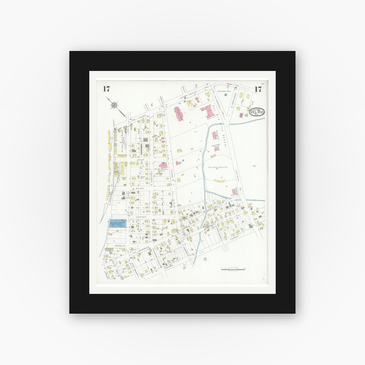 Old map wall art mockup — black gallery frame with white mat — Sanborn Fire Insurance Map from Del Rio, Val Verde County, Texas (1930), Sheet #0017