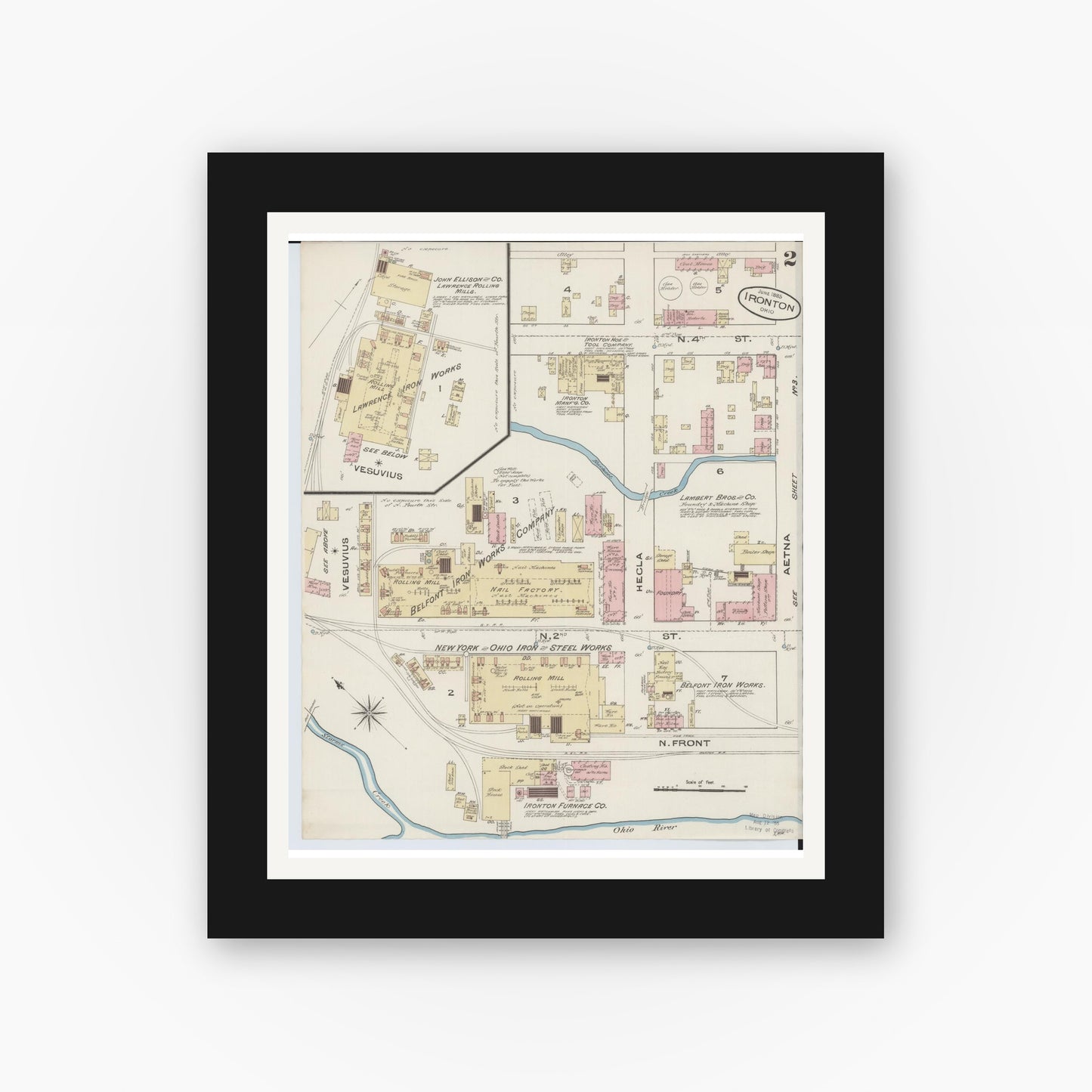 Old map wall art mockup — black gallery frame with white mat — Sanborn Fire Insurance Map from Ironton, Lawrence County, Ohio (1885), Sheet #0002