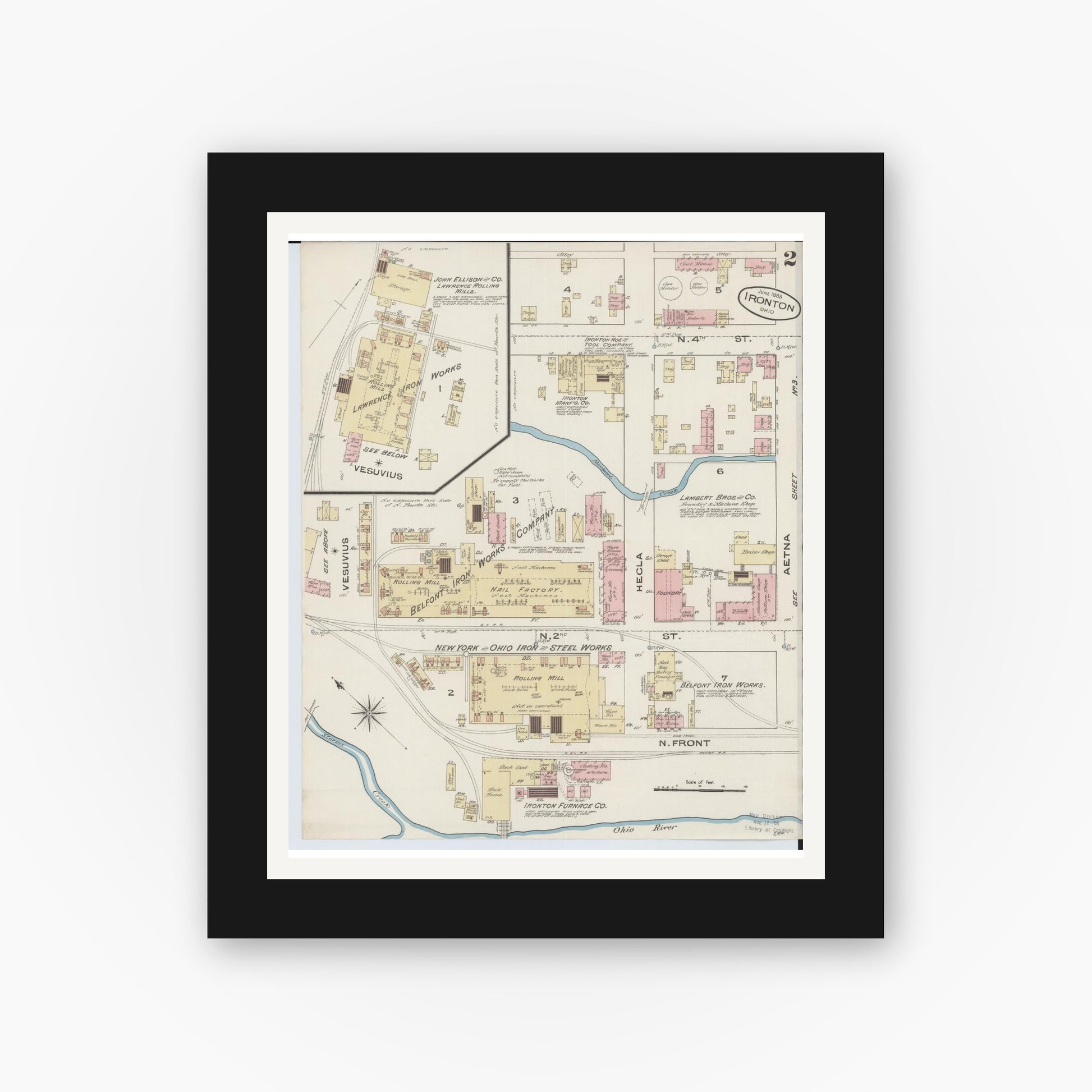 Old map wall art mockup — black gallery frame with white mat — Sanborn Fire Insurance Map from Ironton, Lawrence County, Ohio (1885), Sheet #0002