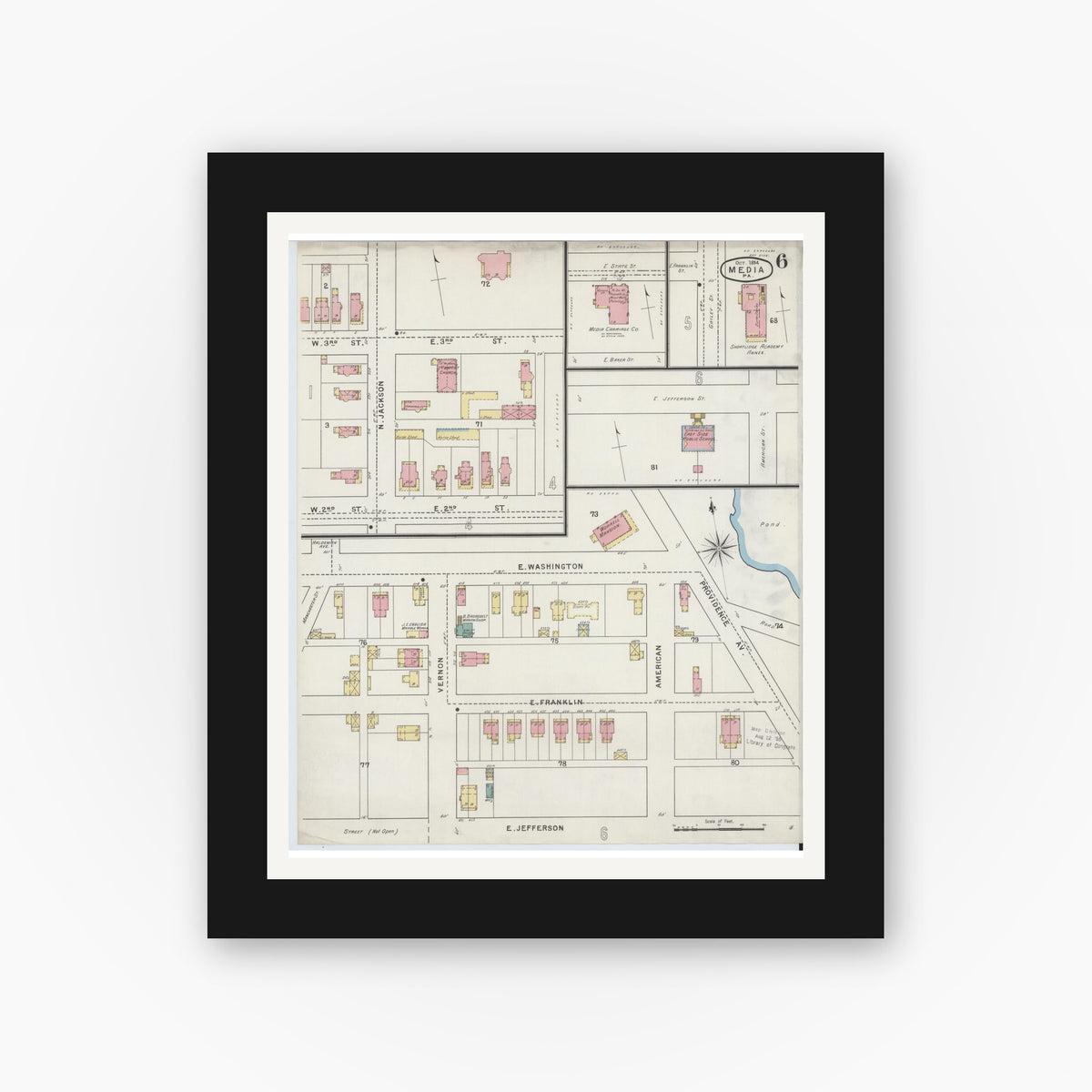 Old map wall art mockup — black gallery frame with white mat — Sanborn Fire Insurance Map from Media, Delaware County, Pennsylvania (1894), Sheet #0006