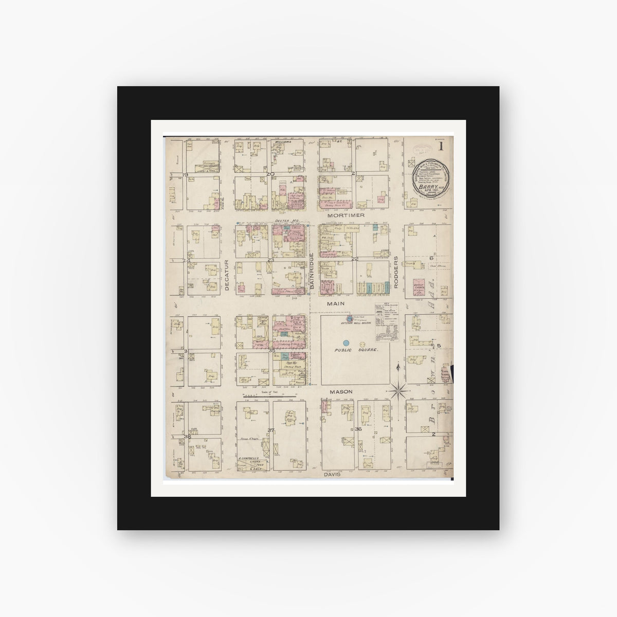 Old map wall art mockup — black gallery frame with white mat — Sanborn Fire Insurance Map from Barry, Pike County, Illinois (1885), Sheet #0001