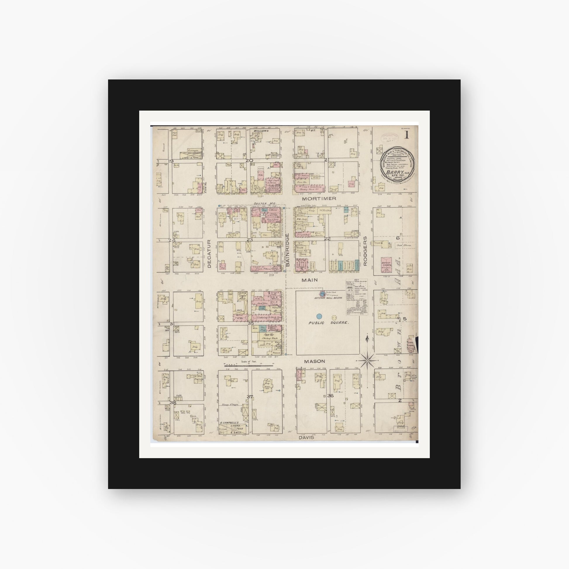 Old map wall art mockup — black gallery frame with white mat — Sanborn Fire Insurance Map from Barry, Pike County, Illinois (1885), Sheet #0001