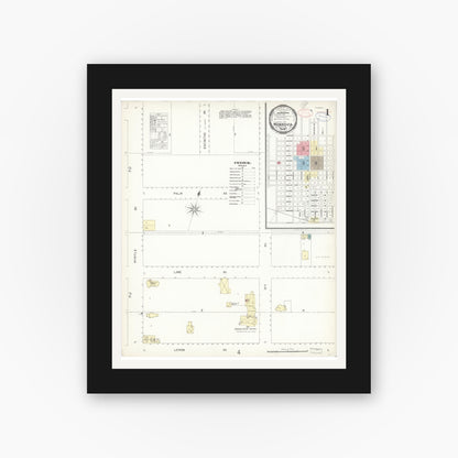 Old map wall art mockup — black gallery frame with white mat — Sanborn Fire Insurance Map from Monrovia, Los Angeles County, California (1897), Sheet #0001