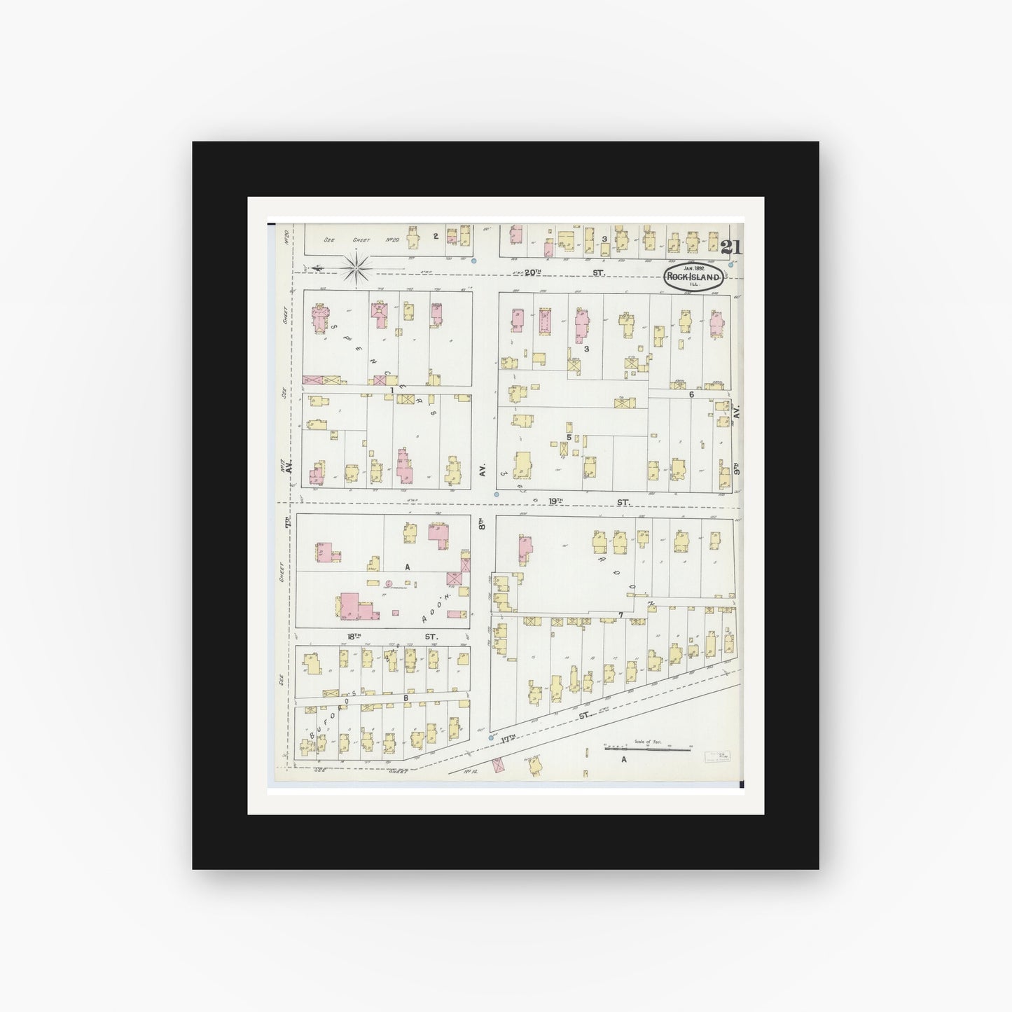 Old map wall art mockup — black gallery frame with white mat — Sanborn Fire Insurance Map from Rock Island, Rock Island County, Illinois (1892), Sheet #0021