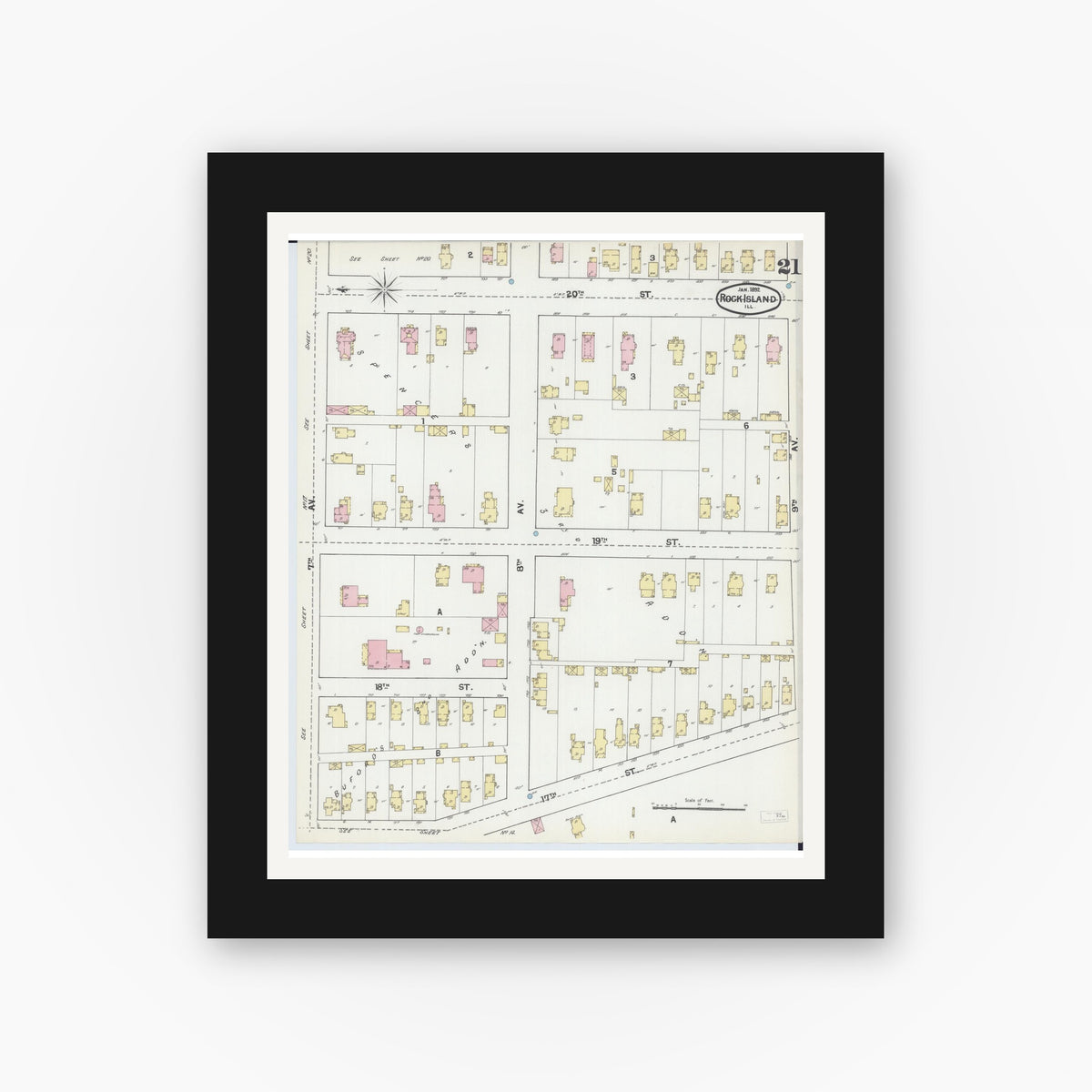 Old map wall art mockup — black gallery frame with white mat — Sanborn Fire Insurance Map from Rock Island, Rock Island County, Illinois (1892), Sheet #0021