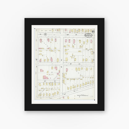 Old map wall art mockup — black gallery frame with white mat — Sanborn Fire Insurance Map from Rock Island, Rock Island County, Illinois (1892), Sheet #0021