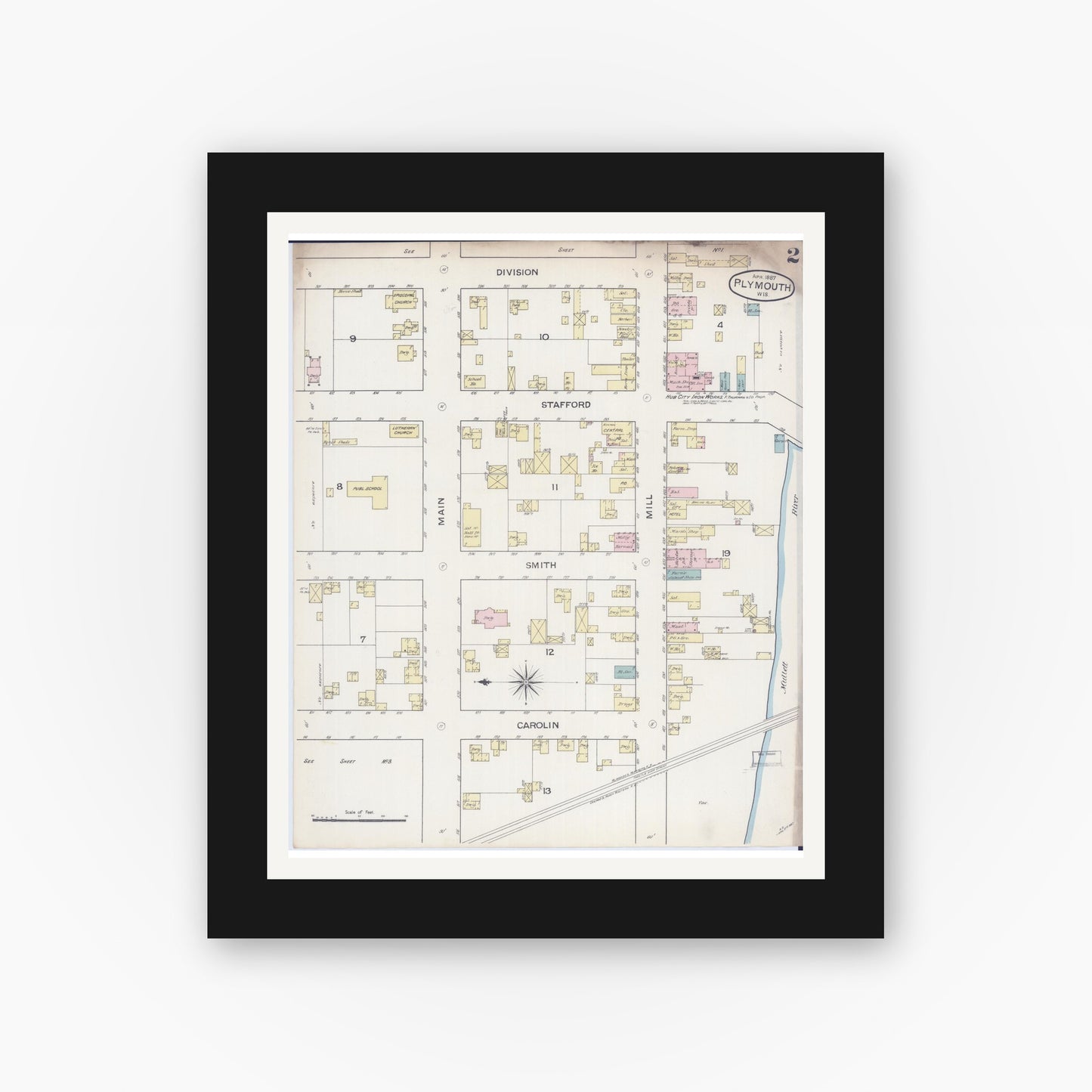 Old map wall art mockup — black gallery frame with white mat — Sanborn Fire Insurance Map from Plymouth, Sheboygan County, Wisconsin (1887), Sheet #0002