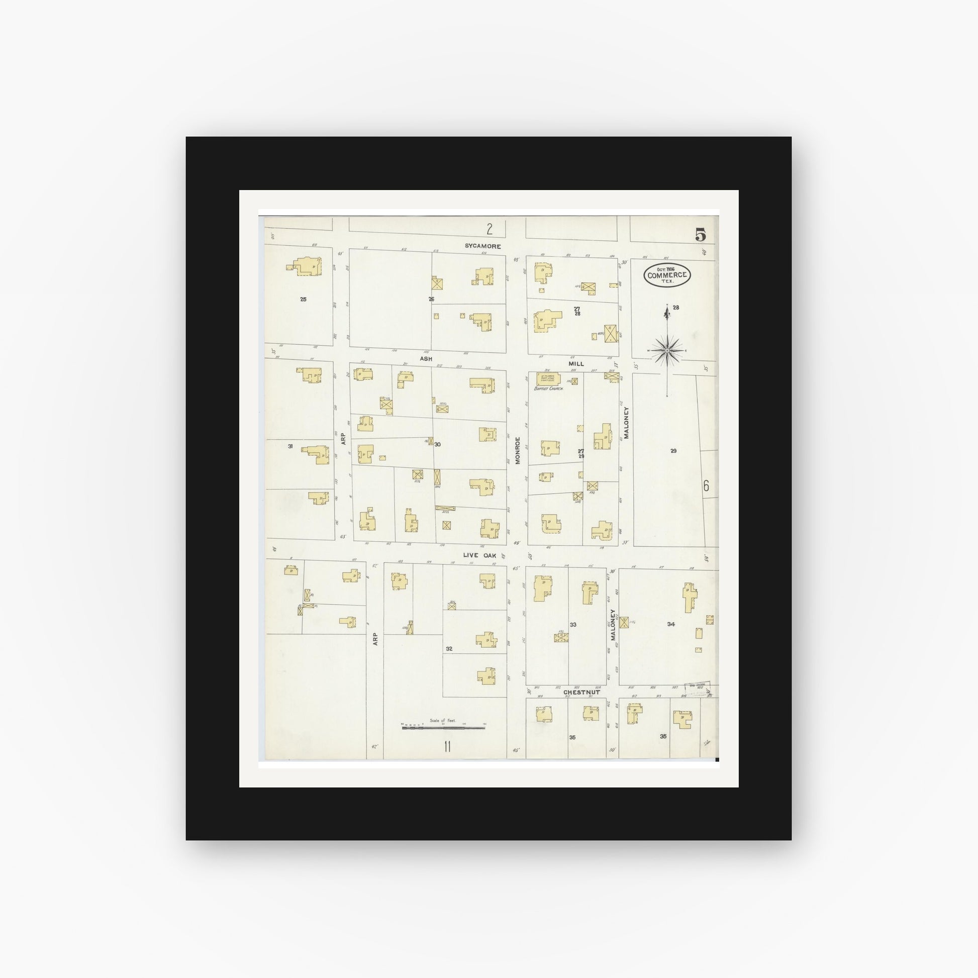 Old map wall art mockup — black gallery frame with white mat — Sanborn Fire Insurance Map from Commerce, Hunt County, Texas (1906), Sheet #0005