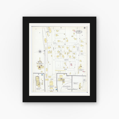 Old map wall art mockup — black gallery frame with white mat — Sanborn Fire Insurance Map from Platteville, Grant County, Wisconsin (1908), Sheet #0009