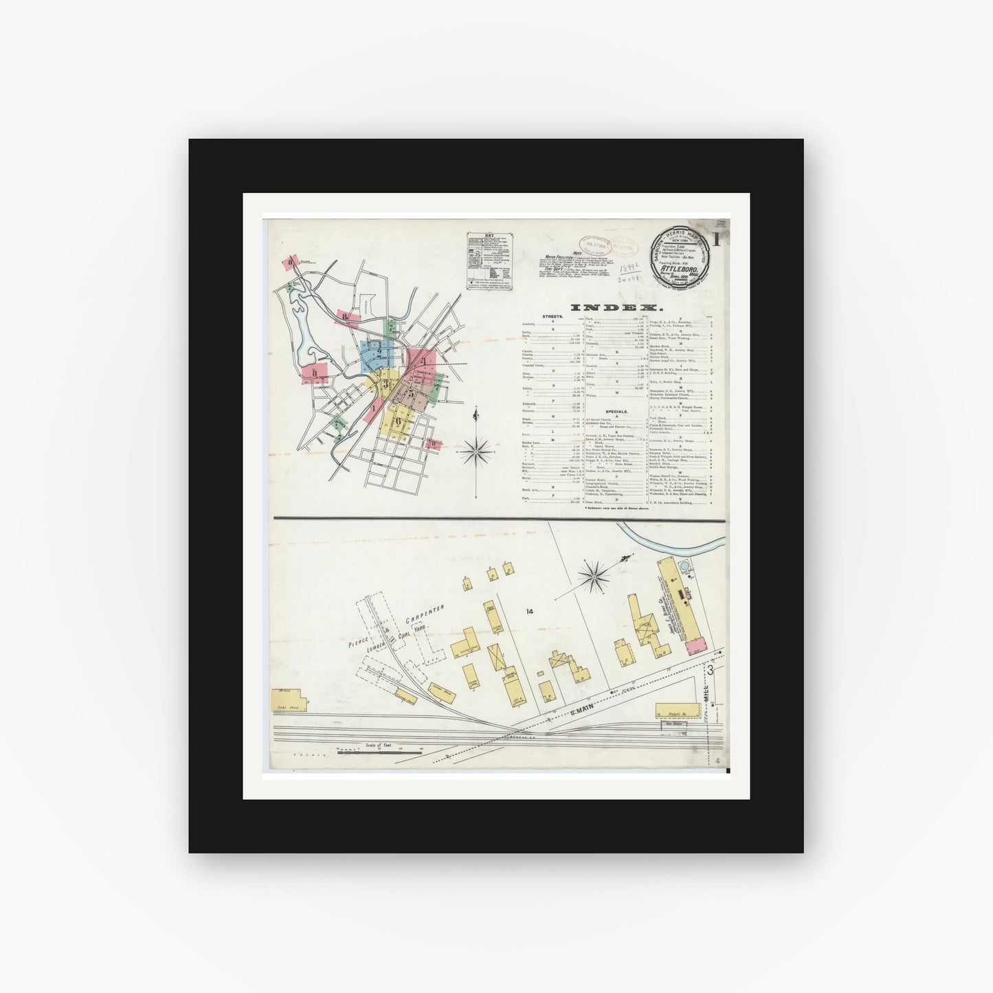 Old map wall art mockup — black gallery frame with white mat — Sanborn Fire Insurance Map from Attleboro, Bristol County, Massachusetts (1899) - Complete Map Set