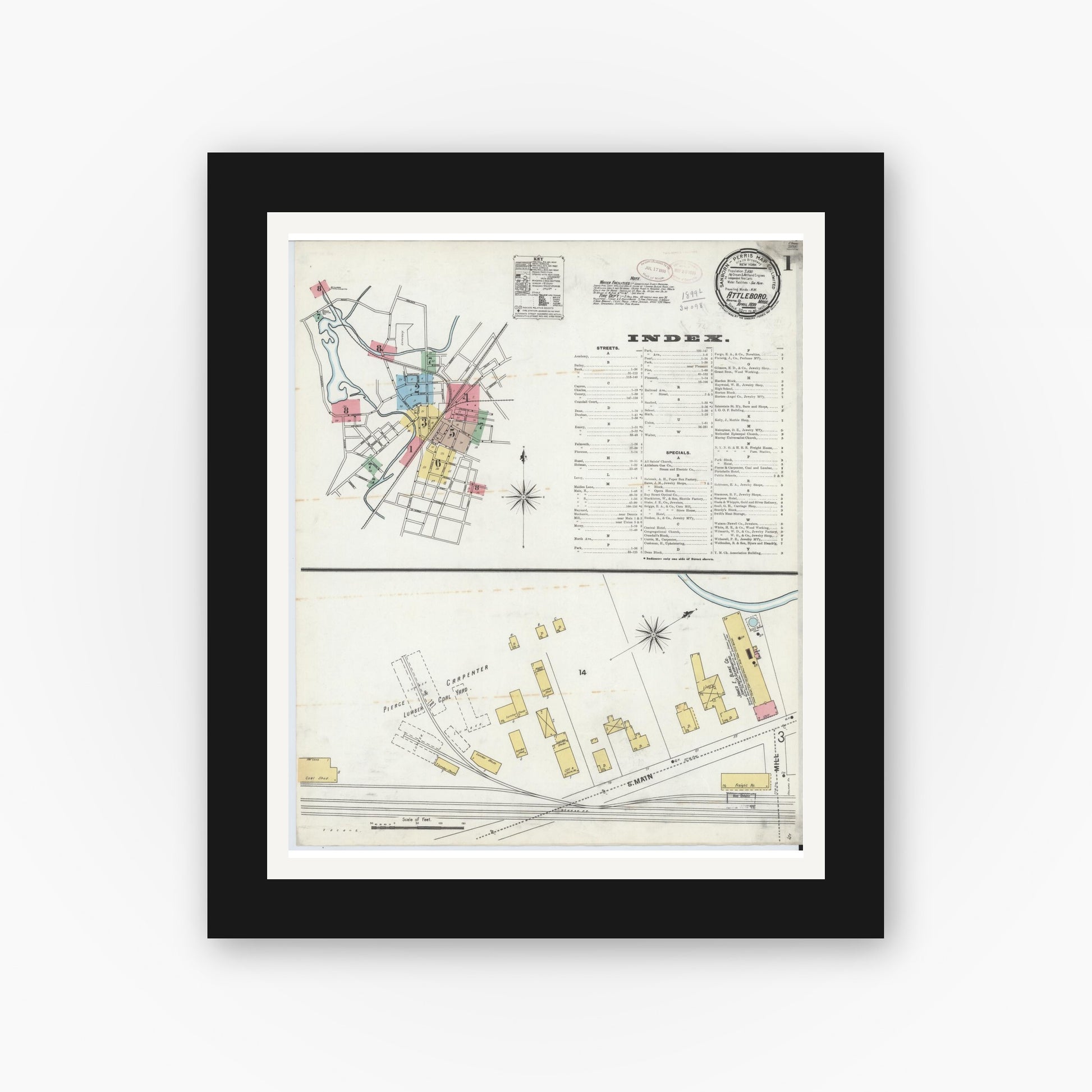 Old map wall art mockup — black gallery frame with white mat — Sanborn Fire Insurance Map from Attleboro, Bristol County, Massachusetts (1899) - Complete Map Set