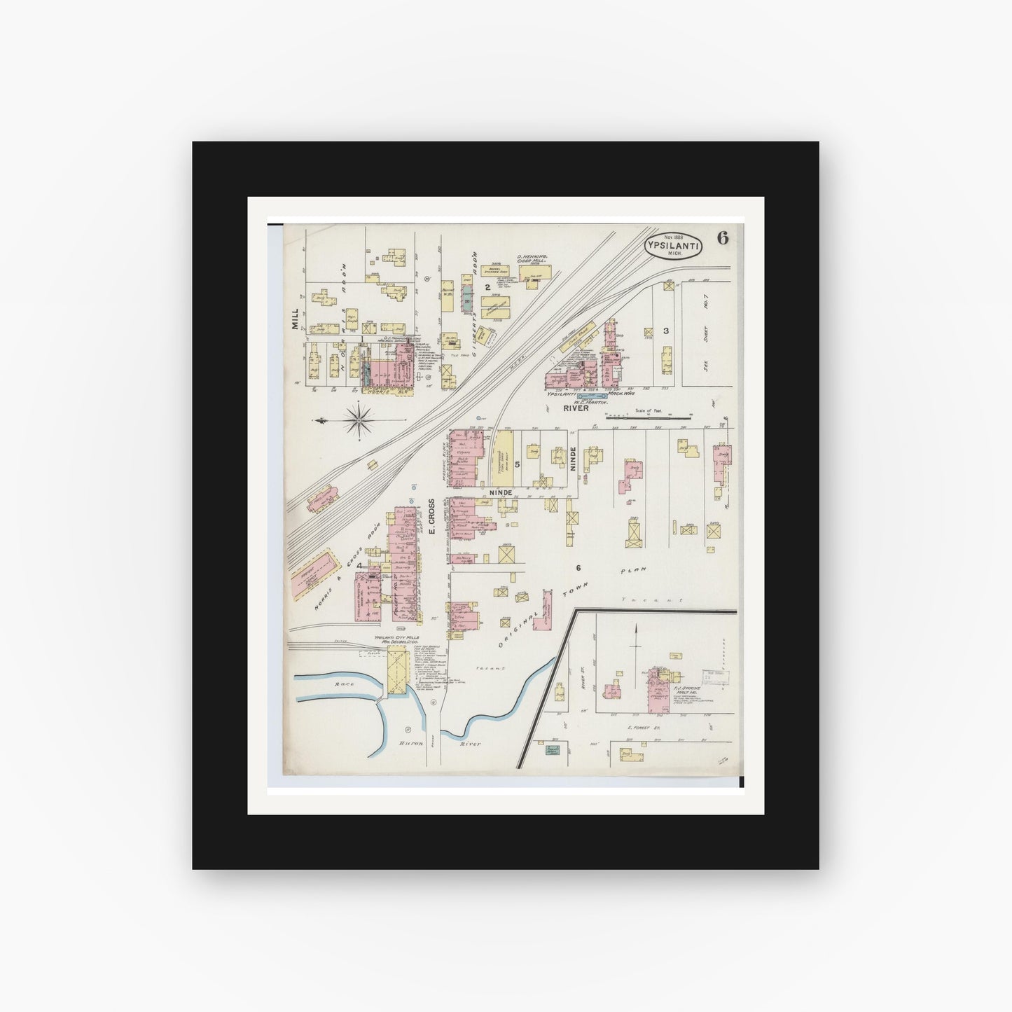 Old map wall art mockup — black gallery frame with white mat — Sanborn Fire Insurance Map from Ypsilanti, Washtenaw County, Michigan (1888), Sheet #0006