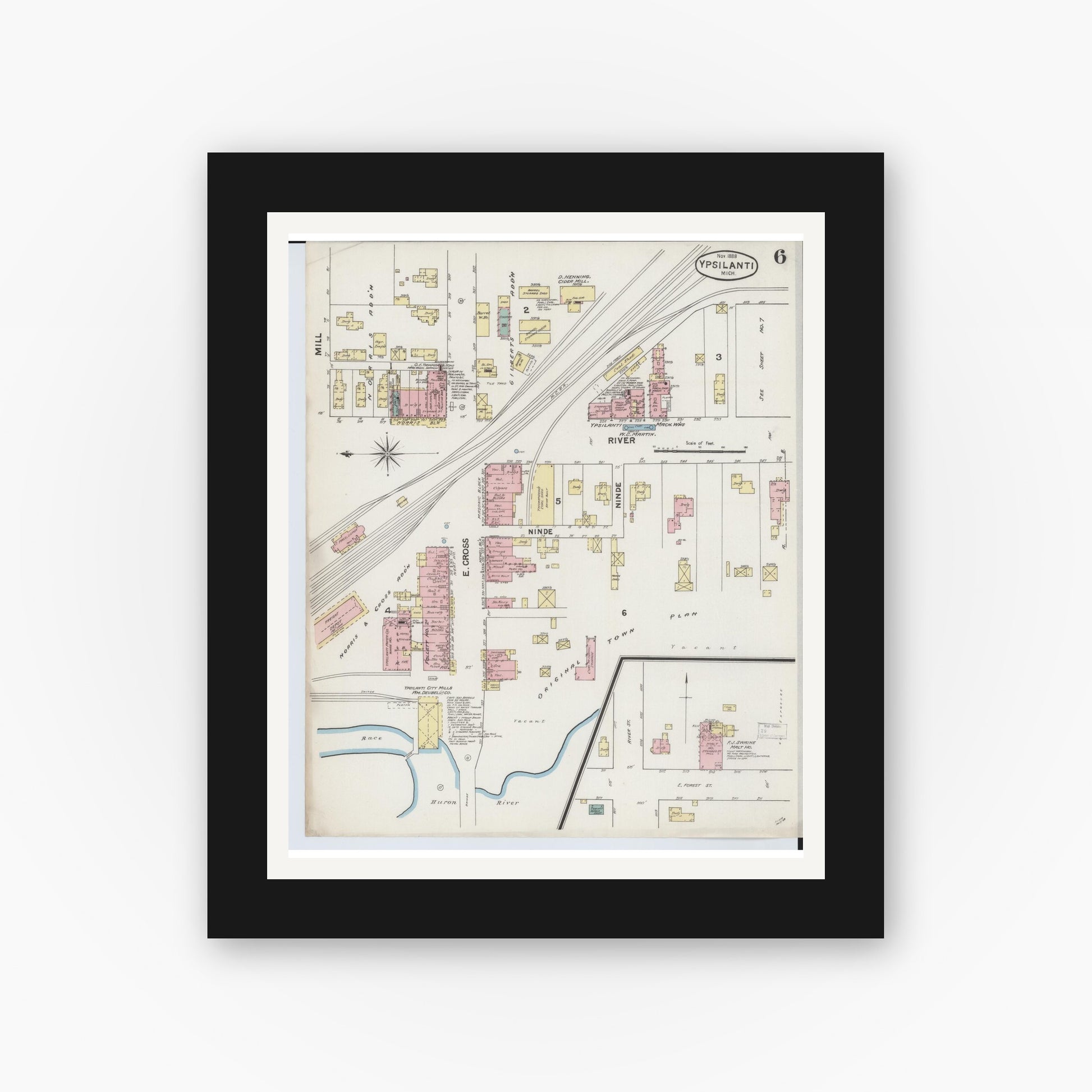 Old map wall art mockup — black gallery frame with white mat — Sanborn Fire Insurance Map from Ypsilanti, Washtenaw County, Michigan (1888), Sheet #0006