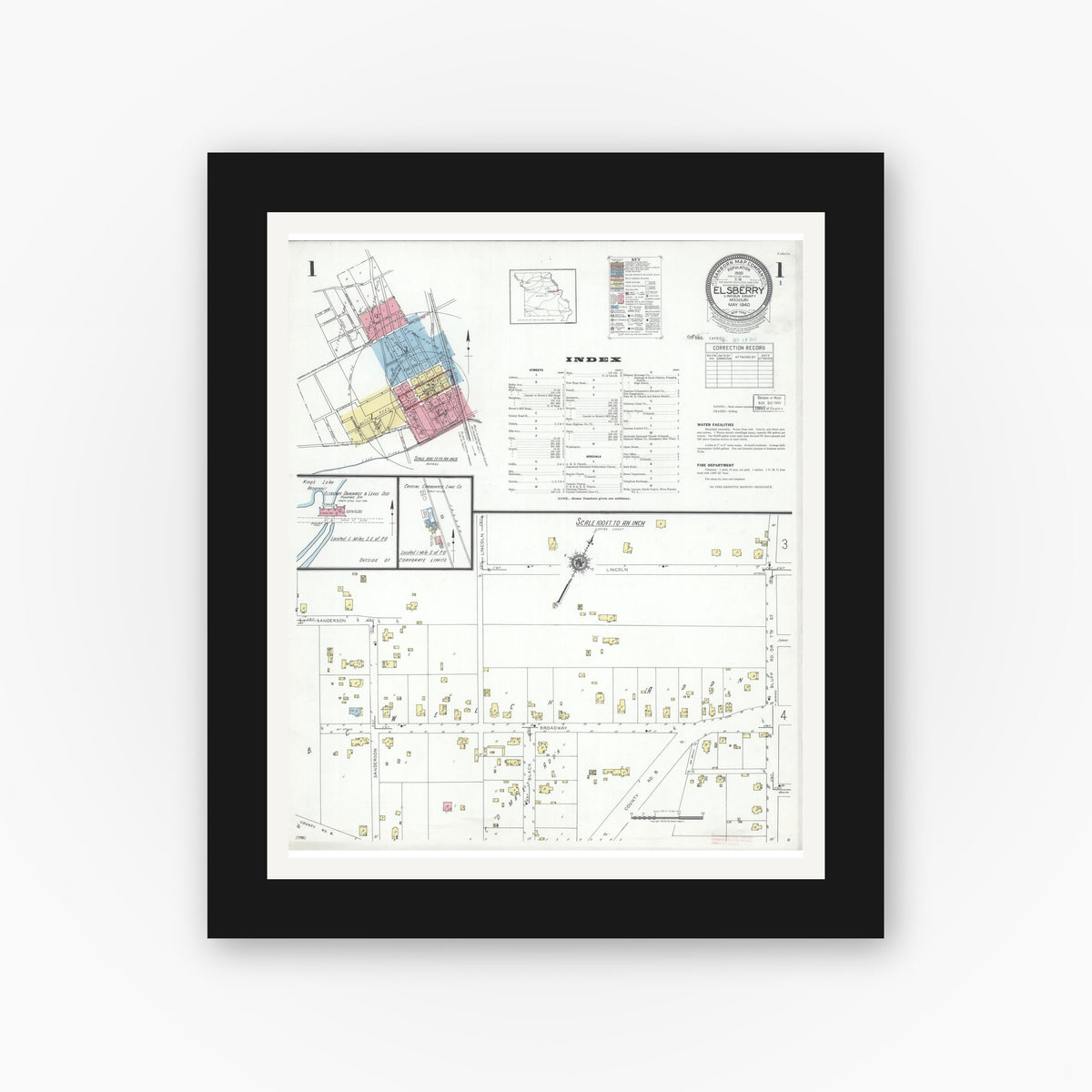 Old map wall art mockup — black gallery frame with white mat — Sanborn Fire Insurance Map from Elsberry, Lincoln County, Missouri (1940) - Complete Map Set