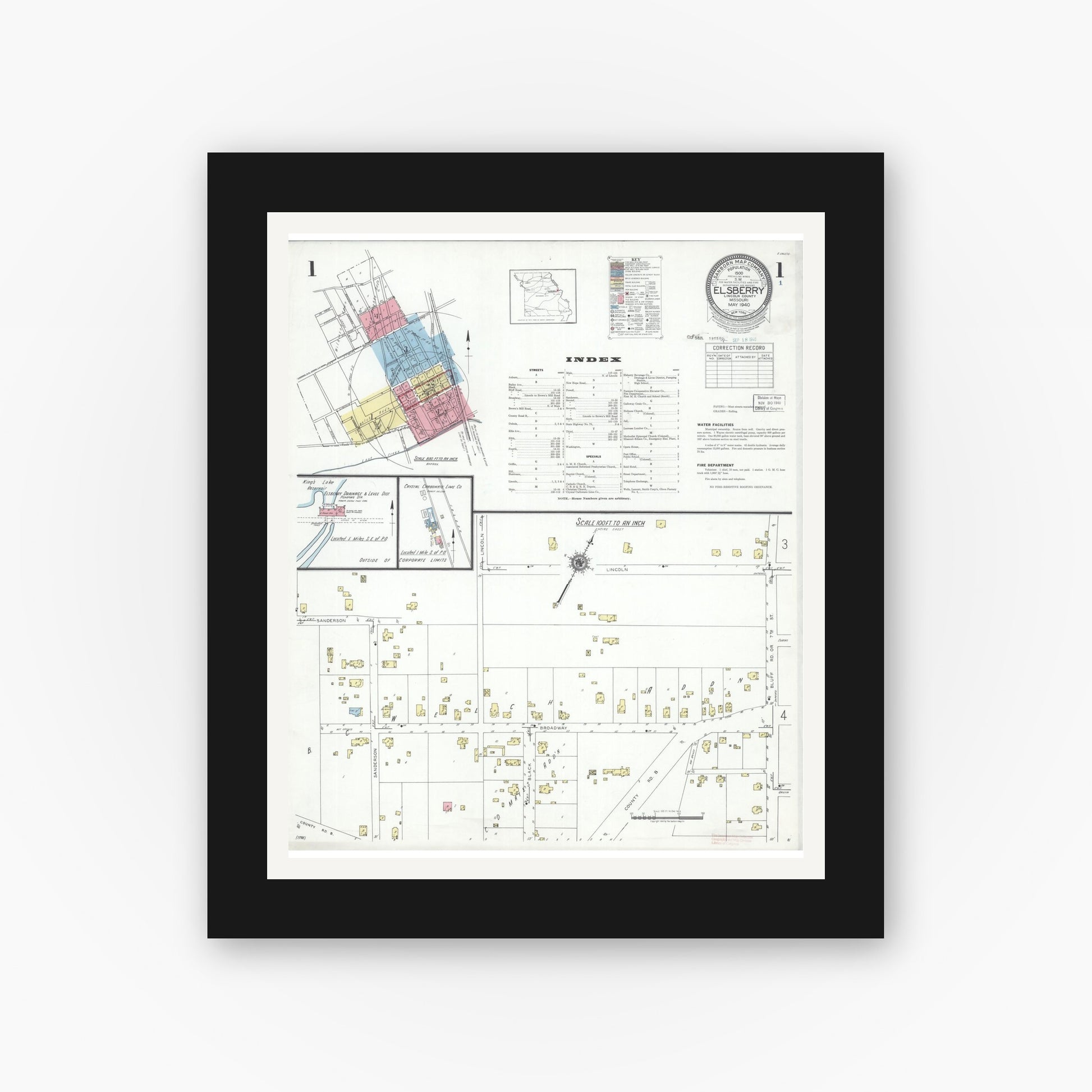 Old map wall art mockup — black gallery frame with white mat — Sanborn Fire Insurance Map from Elsberry, Lincoln County, Missouri (1940) - Complete Map Set