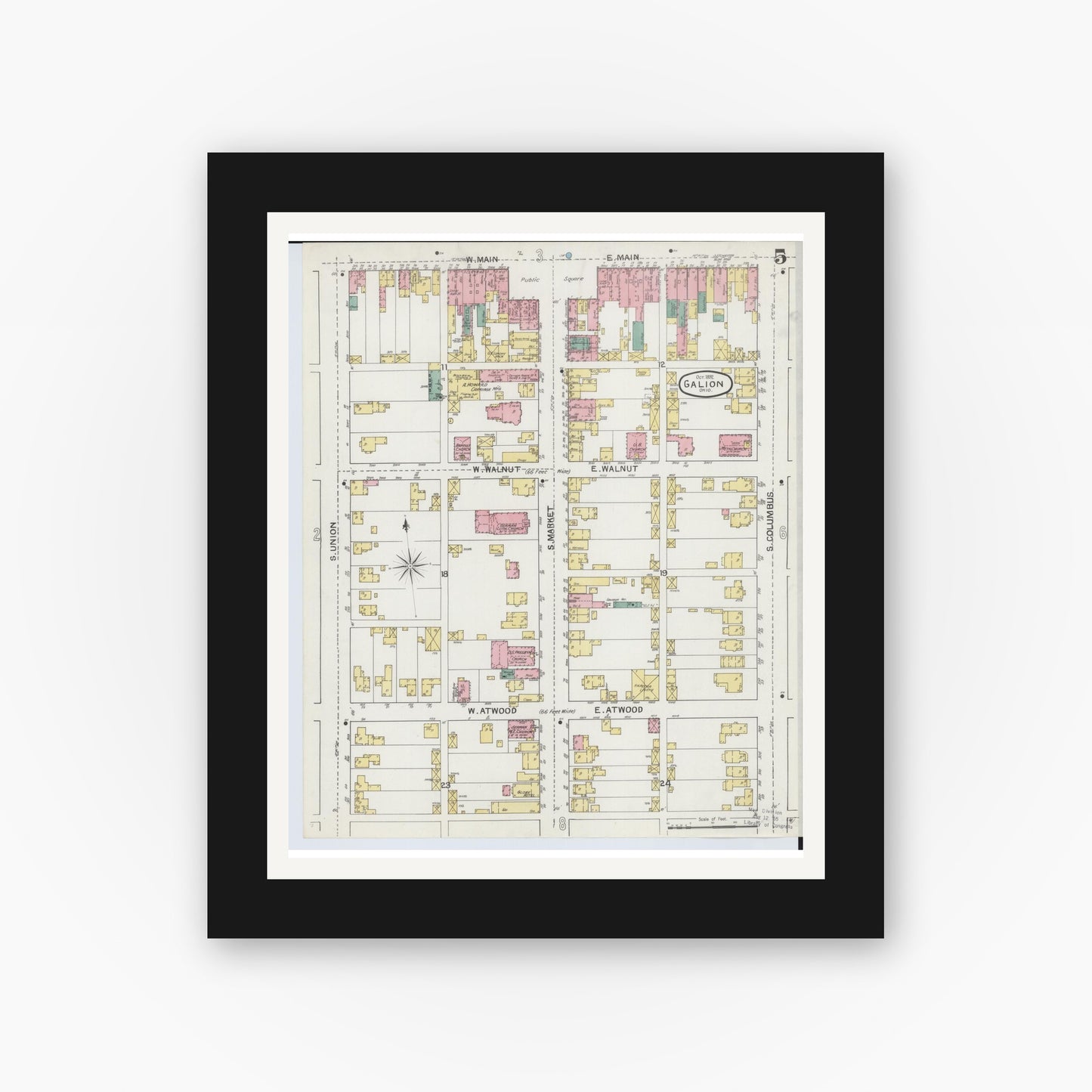 Old map wall art mockup — black gallery frame with white mat — Sanborn Fire Insurance Map from Galion, Crawford County, Ohio (1892), Sheet #0005