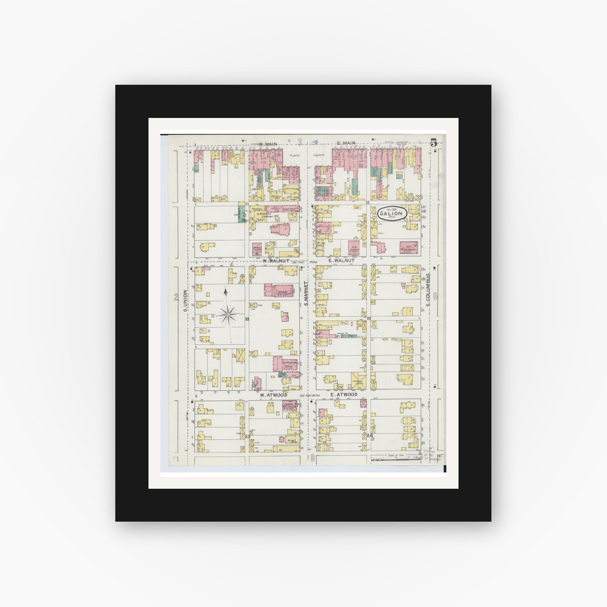 Old map wall art mockup — black gallery frame with white mat — Sanborn Fire Insurance Map from Galion, Crawford County, Ohio (1892), Sheet #0005