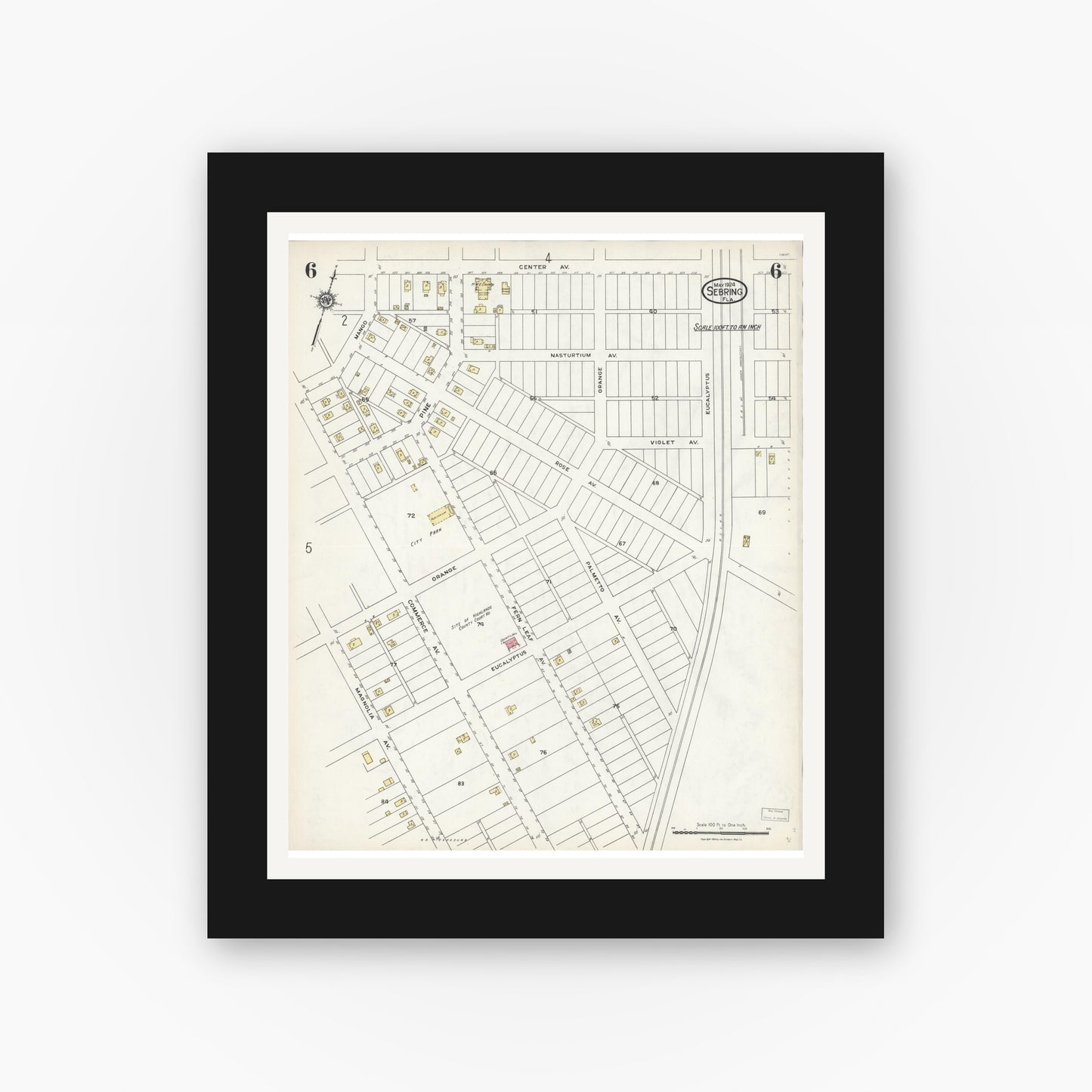Old map wall art mockup — black gallery frame with white mat — Sanborn Fire Insurance Map from Sebring, Highlands County, Florida (1924), Sheet #0006