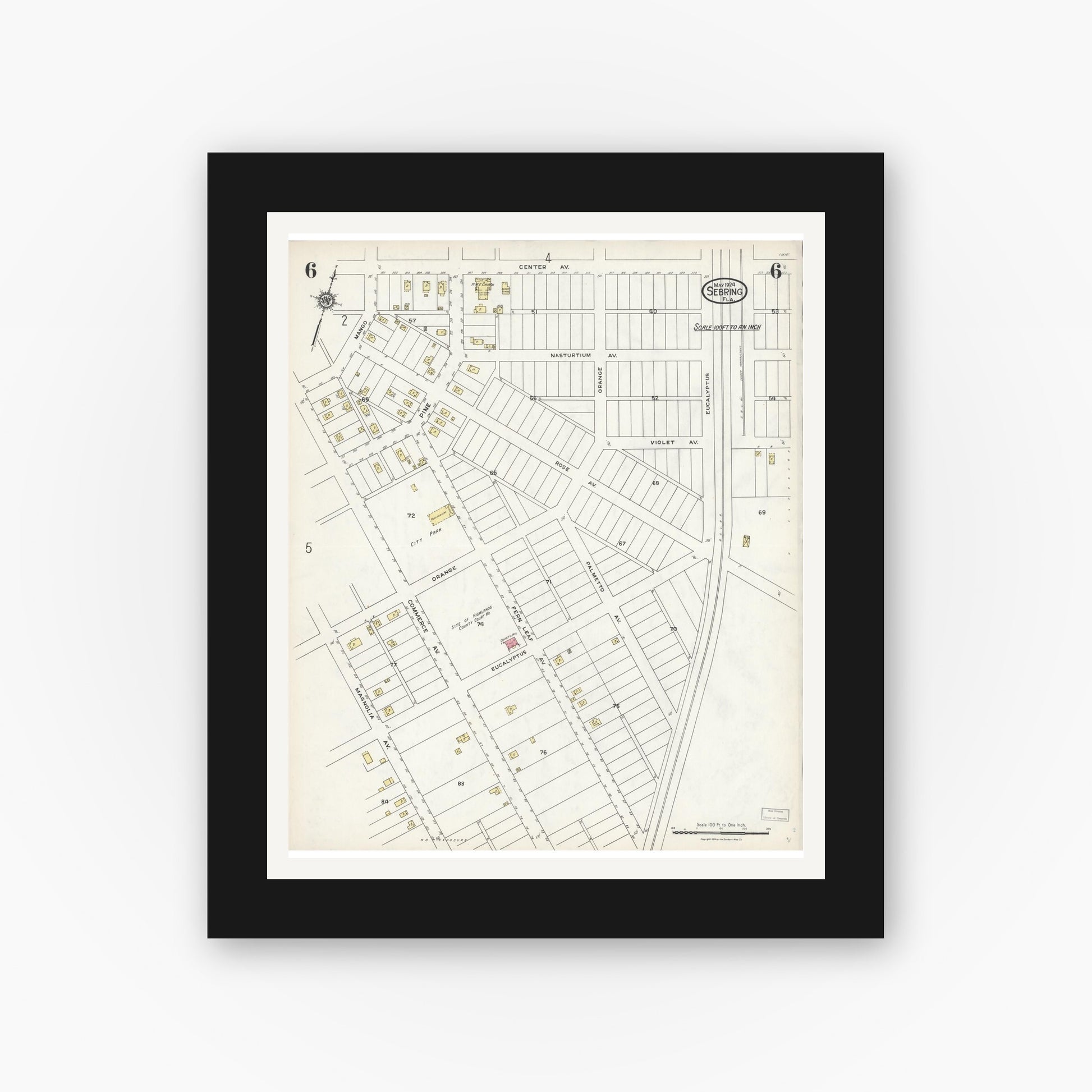 Old map wall art mockup — black gallery frame with white mat — Sanborn Fire Insurance Map from Sebring, Highlands County, Florida (1924), Sheet #0006