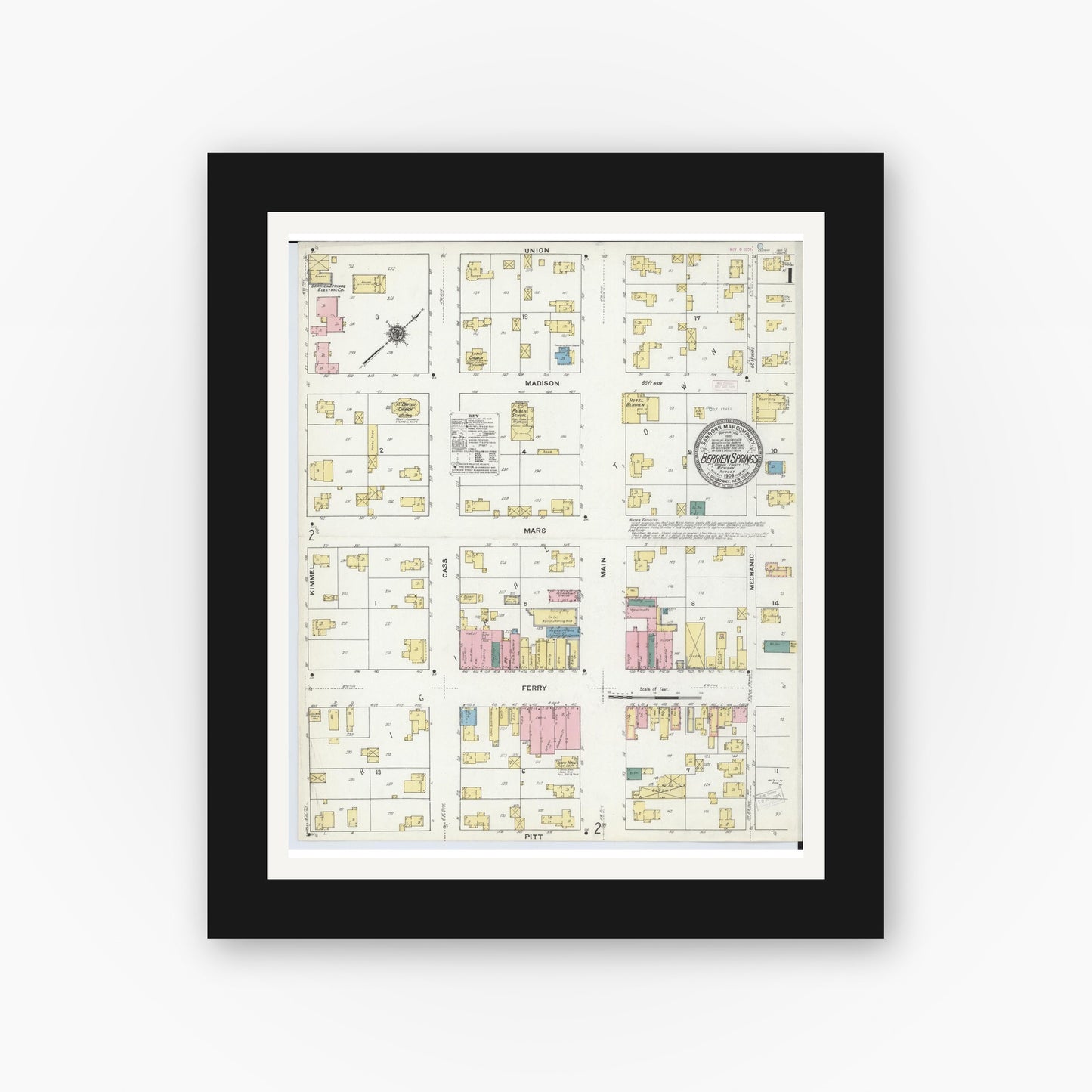 Old map wall art mockup — black gallery frame with white mat — Sanborn Fire Insurance Map from Berrien Springs, Berrien County, Michigan (1909), Sheet #0001