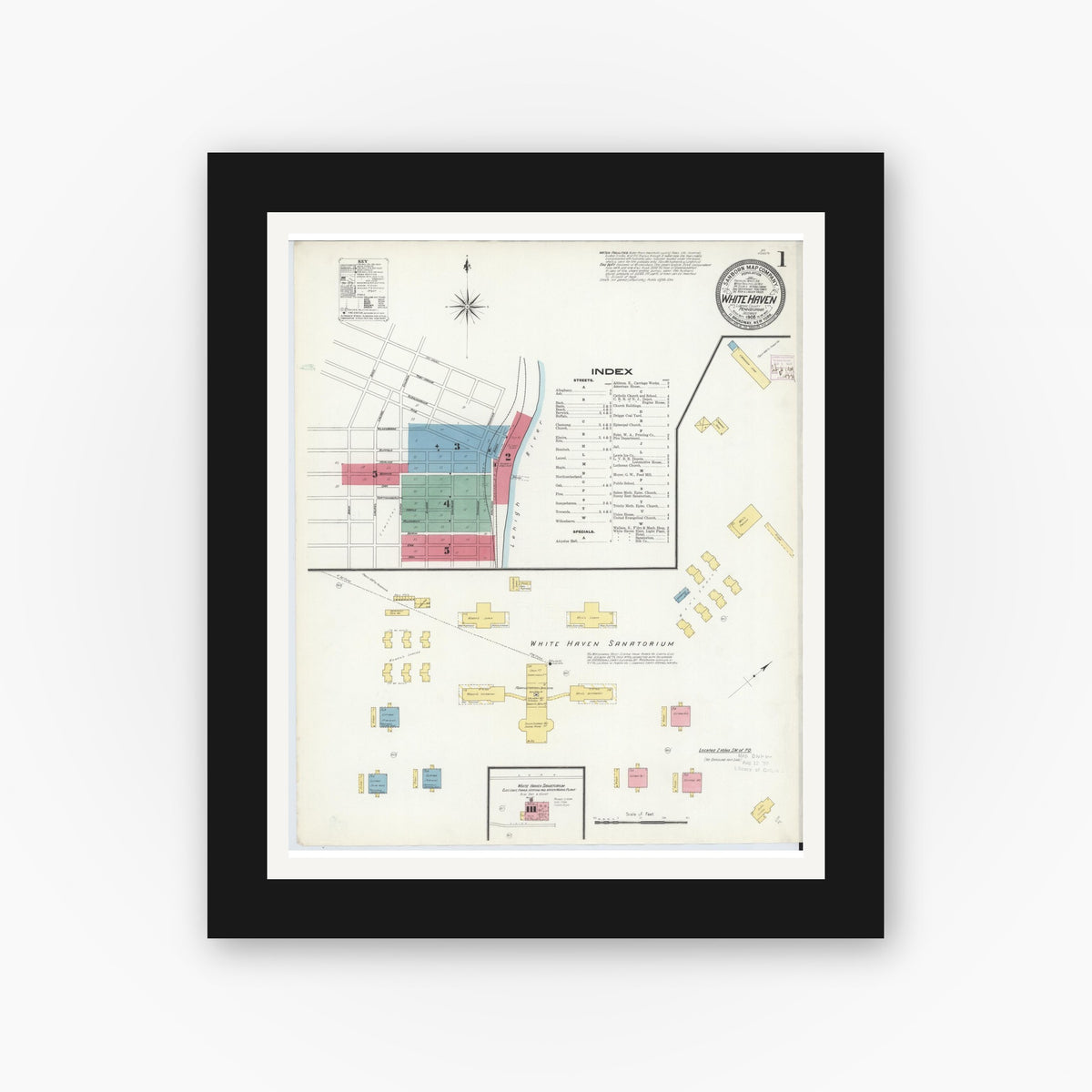 Old map wall art mockup — black gallery frame with white mat — Sanborn Fire Insurance Map from White Haven, Luzerne County, Pennsylvania (1908) - Complete Map Set