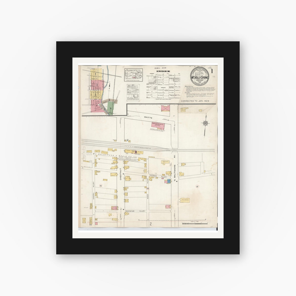 Old map wall art mockup — black gallery frame with white mat — Sanborn Fire Insurance Map from Mount Holly Springs, Cumberland County, Pennsylvania (1929), Sheet #0001