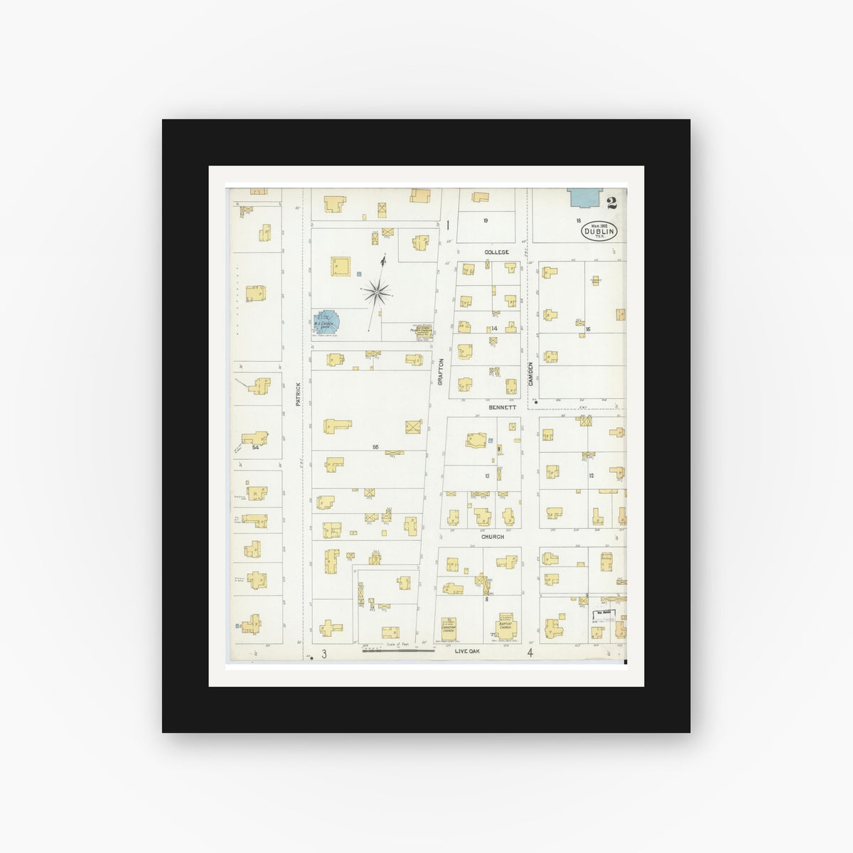 Old map wall art mockup — black gallery frame with white mat — Sanborn Fire Insurance Map from Dublin, Erath County, Texas (1902), Sheet #0002