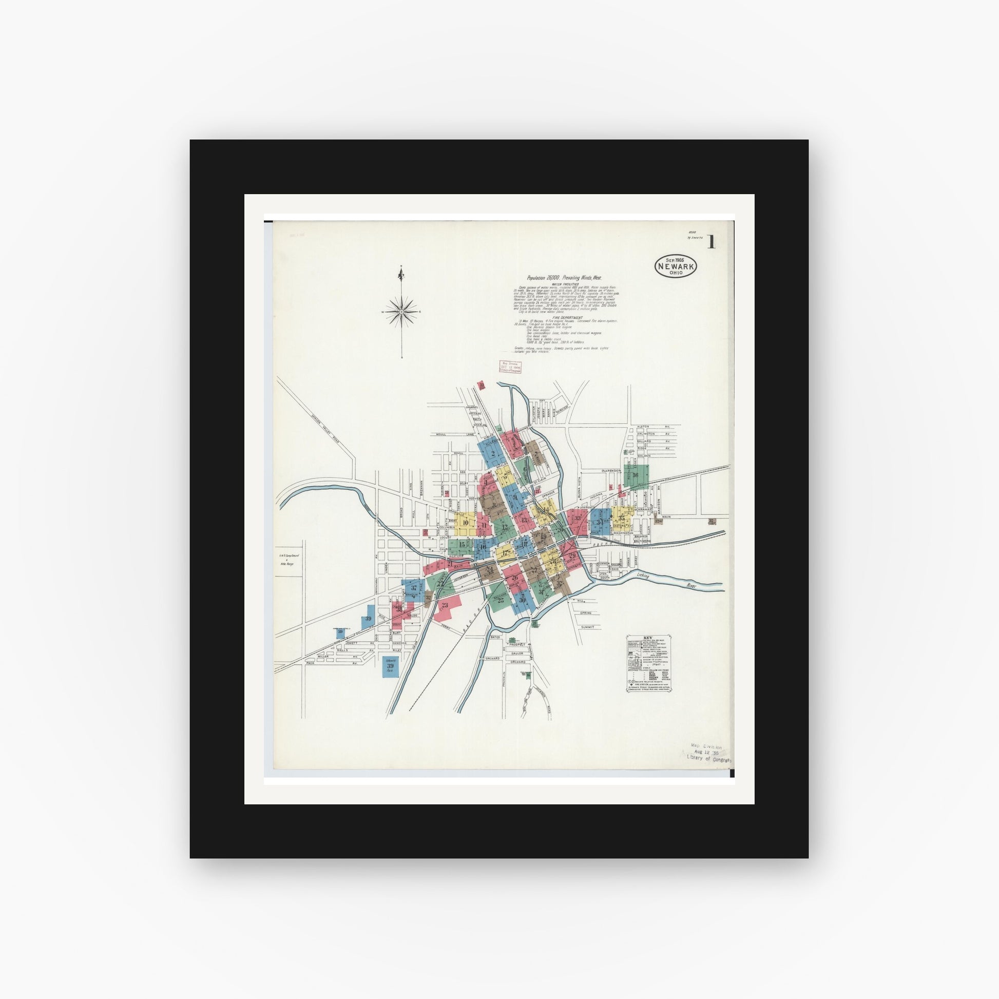 Old map wall art mockup — black gallery frame with white mat — Sanborn Fire Insurance Map from Newark, Licking County, Ohio (1905), Sheet #0001