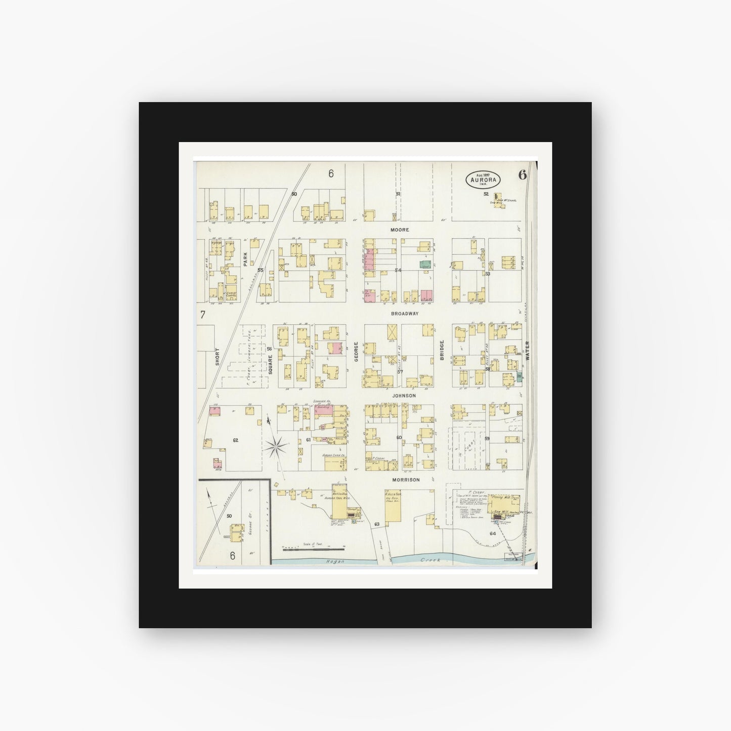 Old map wall art mockup — black gallery frame with white mat — Sanborn Fire Insurance Map from Aurora, Dearborn County, Indiana (1897), Sheet #0006