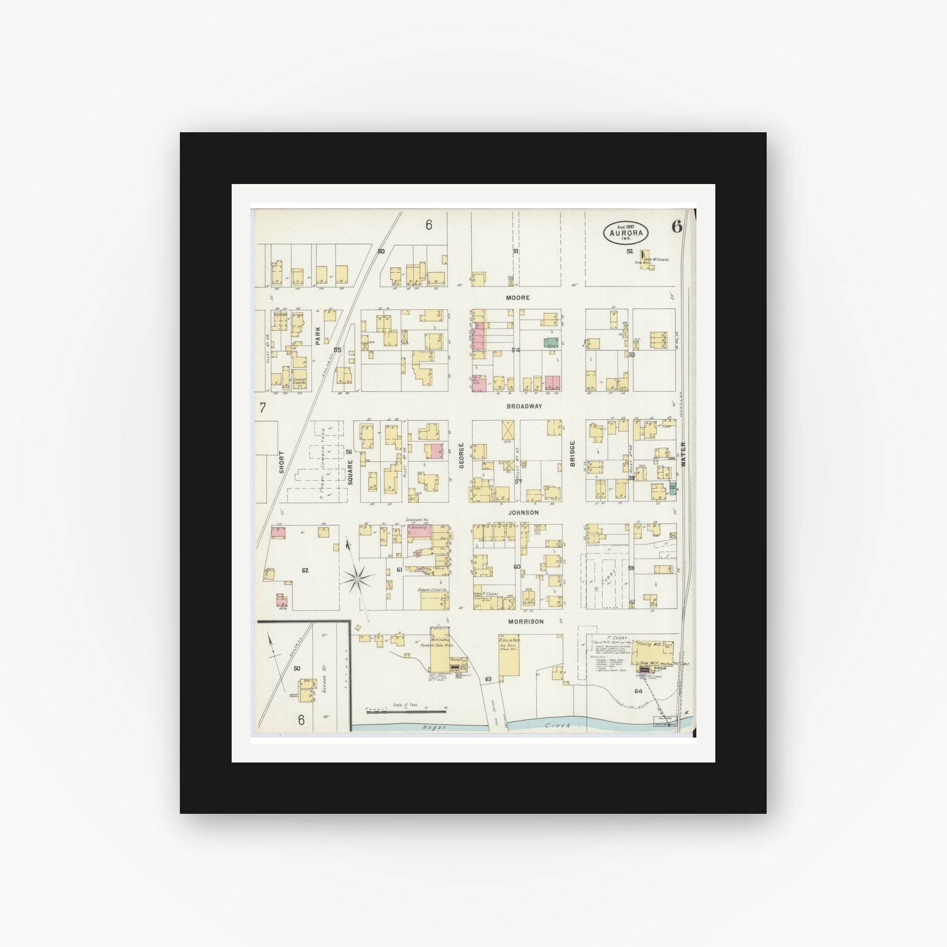Old map wall art mockup — black gallery frame with white mat — Sanborn Fire Insurance Map from Aurora, Dearborn County, Indiana (1897), Sheet #0006