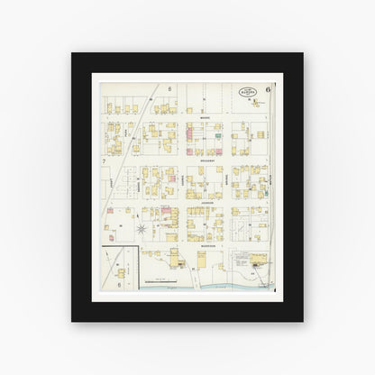 Old map wall art mockup — black gallery frame with white mat — Sanborn Fire Insurance Map from Aurora, Dearborn County, Indiana (1897), Sheet #0006