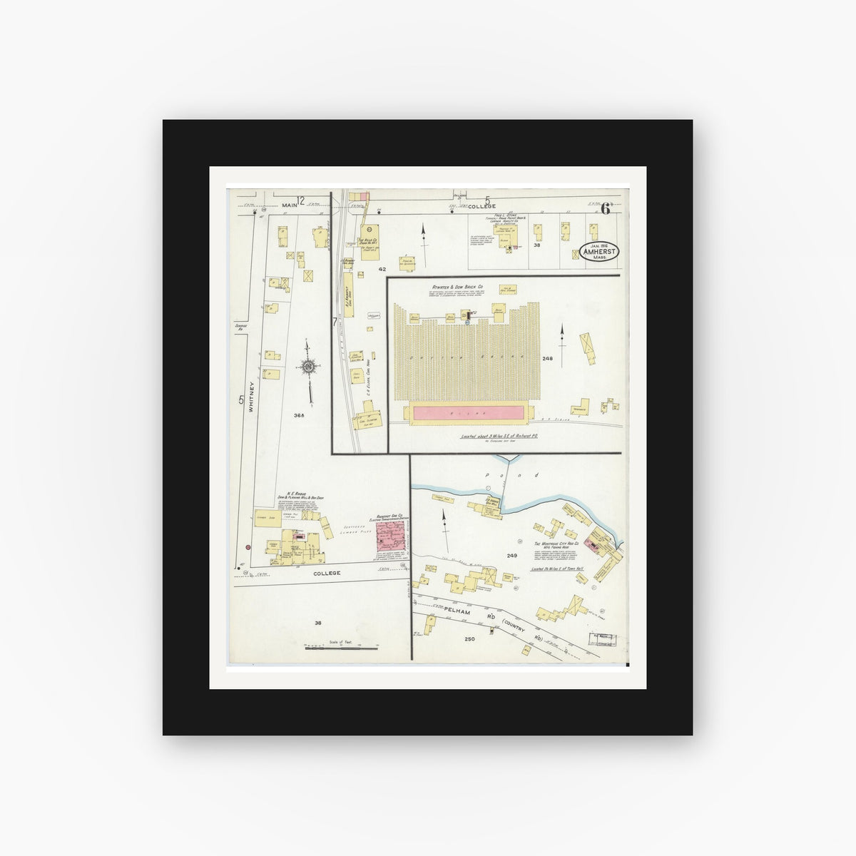 Old map wall art mockup — black gallery frame with white mat — Sanborn Fire Insurance Map from Amherst, Hampshire County, Massachusetts (1916), Sheet #0006