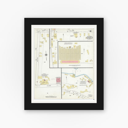 Old map wall art mockup — black gallery frame with white mat — Sanborn Fire Insurance Map from Amherst, Hampshire County, Massachusetts (1916), Sheet #0006