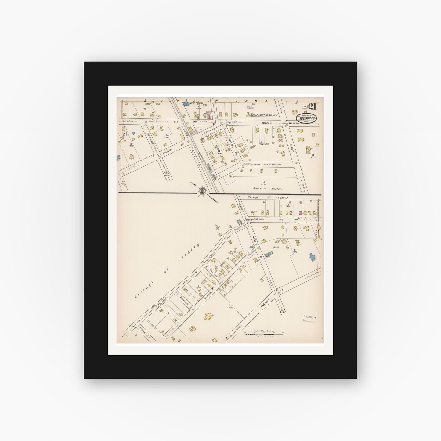 Old map wall art mockup — black gallery frame with white mat — Sanborn Fire Insurance Map from Englewood, Bergen County, New Jersey (1922), Sheet #0021