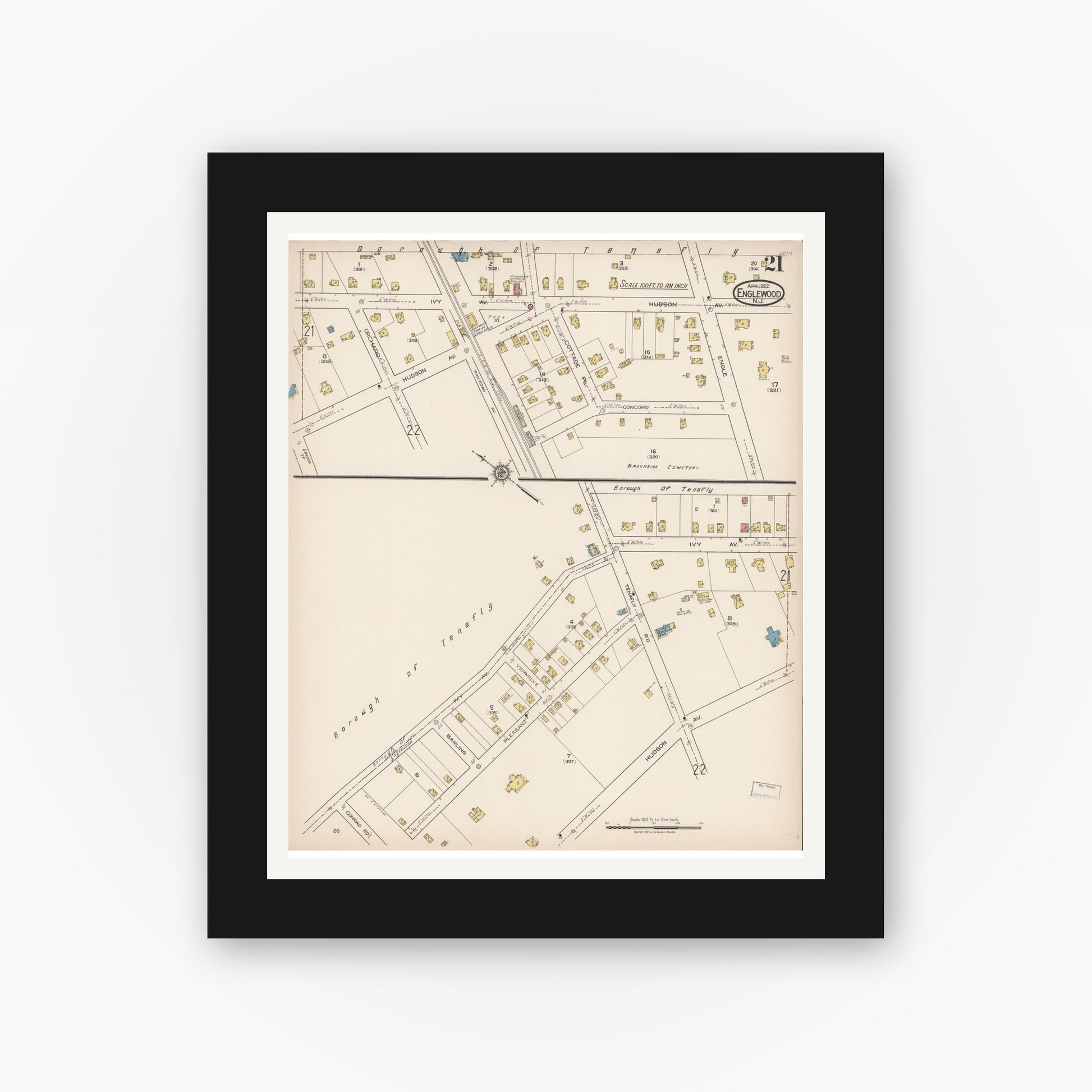 Old map wall art mockup — black gallery frame with white mat — Sanborn Fire Insurance Map from Englewood, Bergen County, New Jersey (1922), Sheet #0021