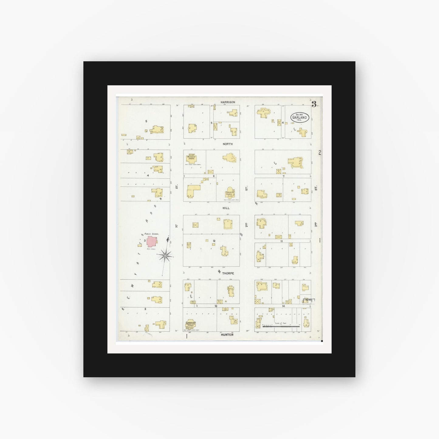 Old map wall art mockup — black gallery frame with white mat — Sanborn Fire Insurance Map from Garland, Dallas County, Texas (1901), Sheet #0003